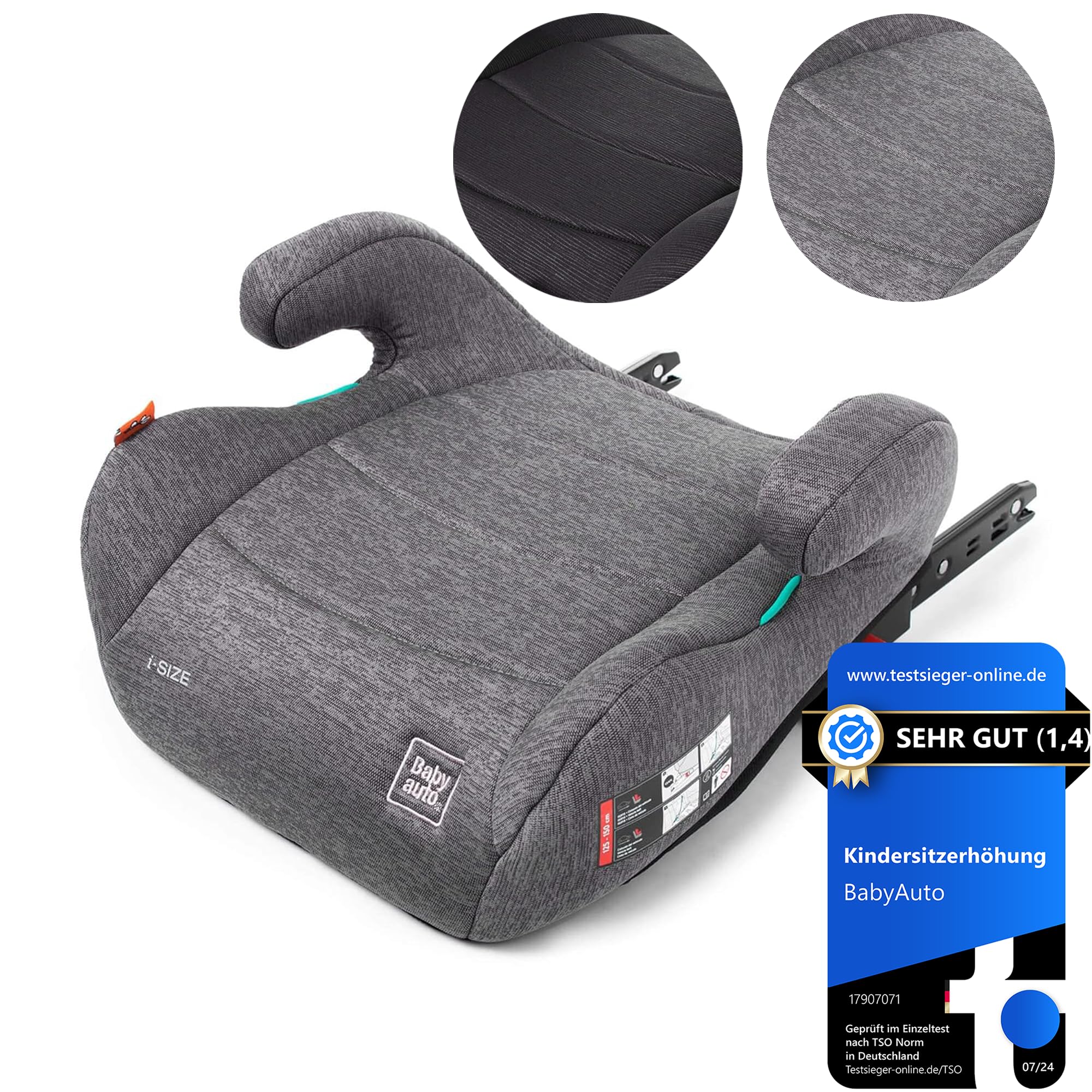 BABYAUTO Sitzerhöhung Auto Kinder ISOFIX, ECE R129 Kindersitzerhöhung Sitzschale Auto, Gruppe 3 (22-36kg/5-12 Jahre) 125-150 cm iSize, Extra Gepolstert für mehr Komfort, Grau