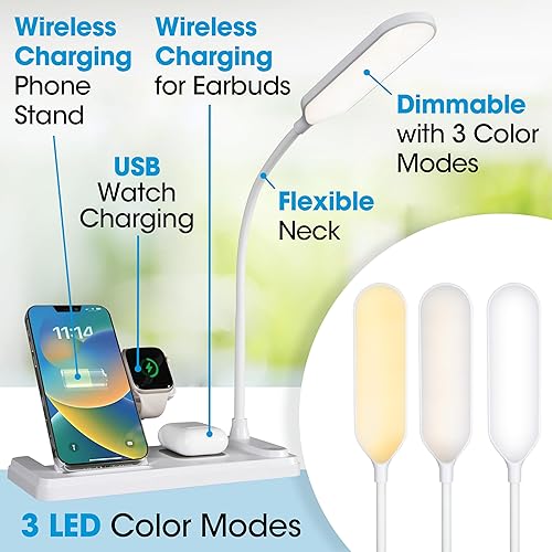 Miniatura 2 de Ottlite Lámpara LED de escritorio con estación de carga multidispositivo, color blanco