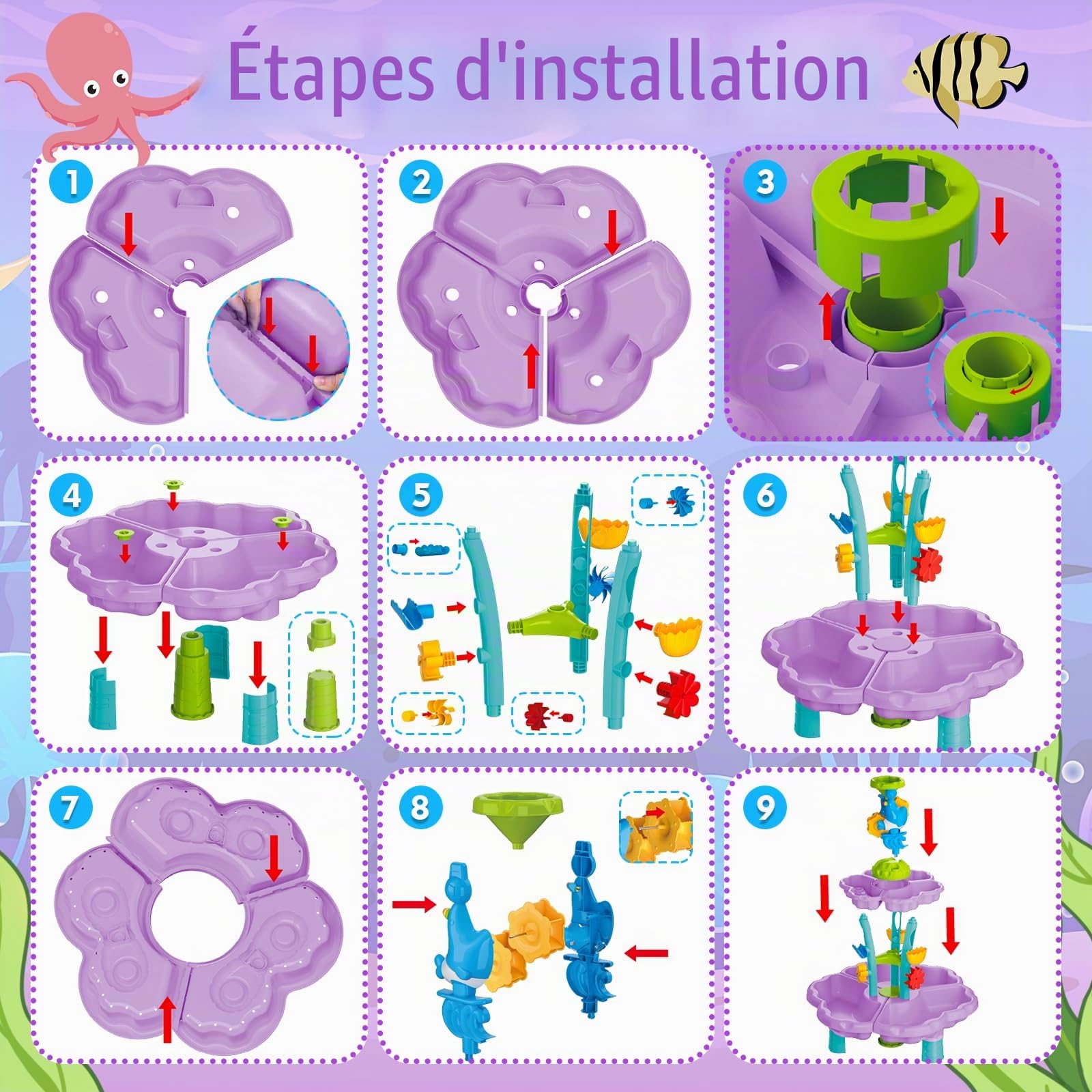 deAO Table à Eau de Sable 3 en 1 pour Enfants, Plage Jeu Sable Eau - Double Niveau avec 13 Accessoires, Table d‘Activités Sensorielle de Plage pour Garçons et Filles de 3 4 5 6 Ans (Violet)