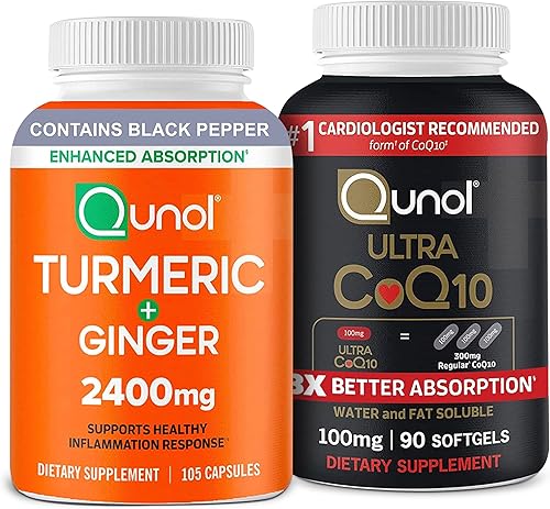 Qunol Curcumina de cúrcuma con pimienta negra y jengibre 2400 mg, 105 unidades + CoQ10 100 mg cápsulas blandas, Ultra CoQ10 100 mg, 3 veces mejor