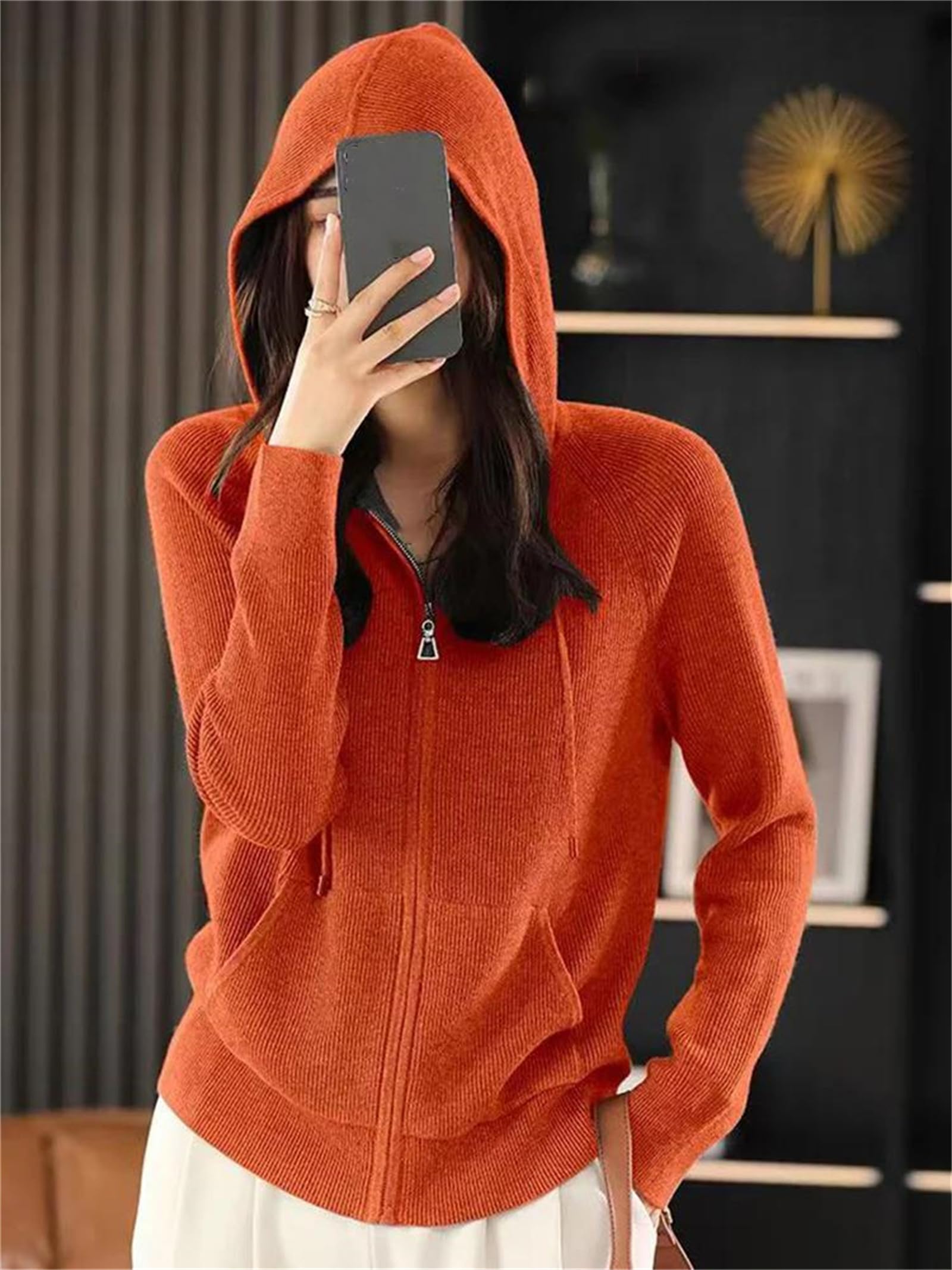 Maglione da donna in lana lavorato a maglia a maniche lunghe con cerniera e cappuccio in cashmere