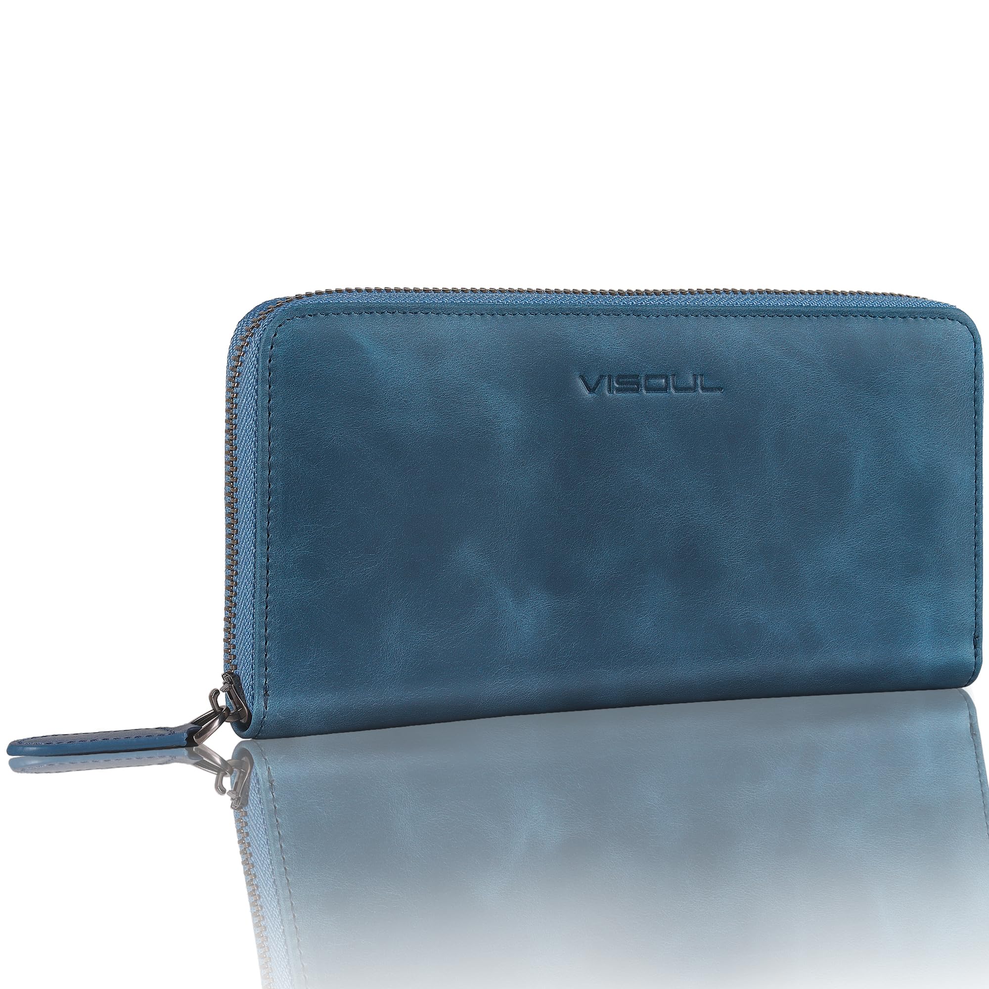 VISOUL Premium Brieftasche Echtleder Italienisches Leder mit RFID Schutz, XL Geldbörse für Herren Damen L02 (Blau)