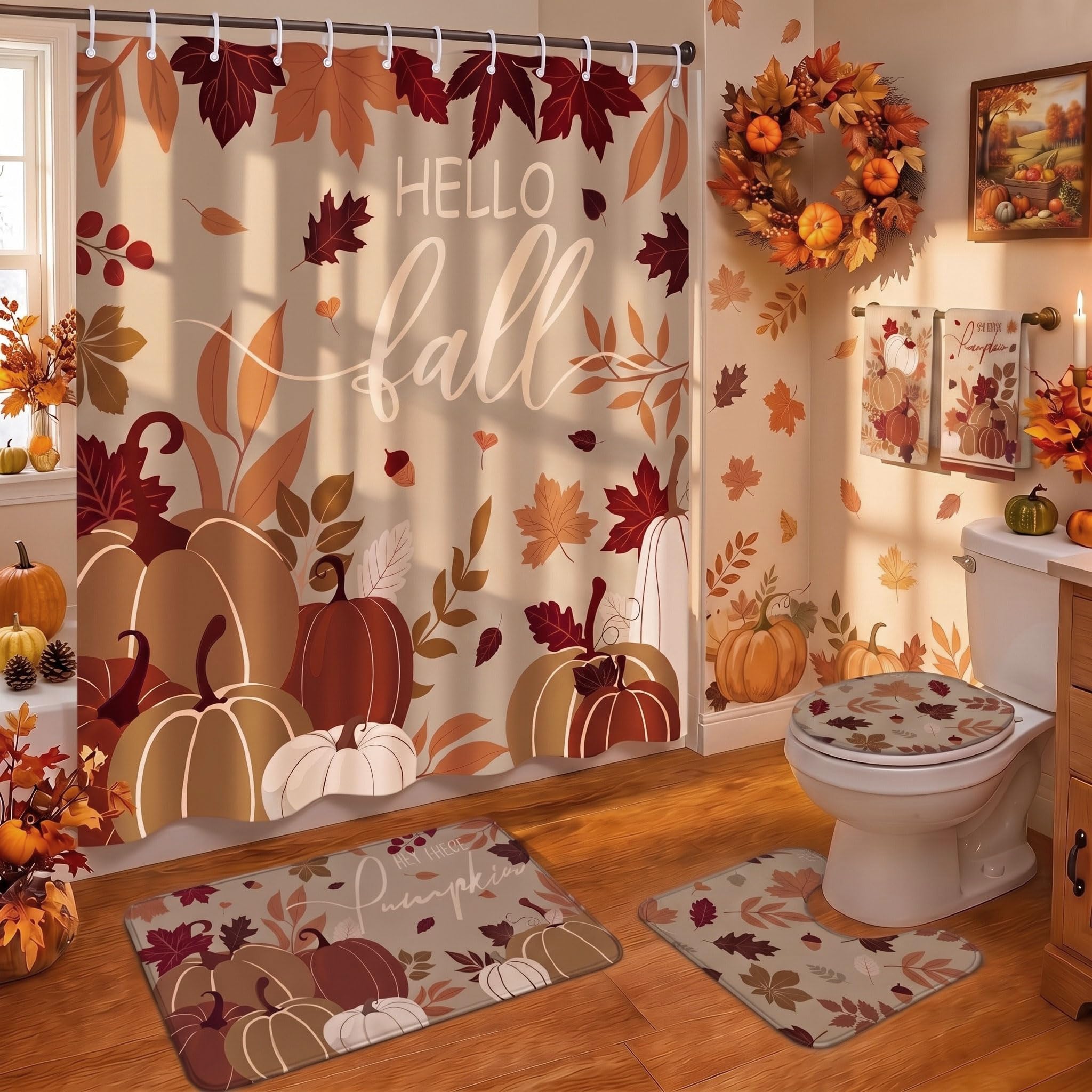 HunnmingRe 6 Pcs Fall Bathroom Decor, Autumn Pumpkin Shower Curtain Sets