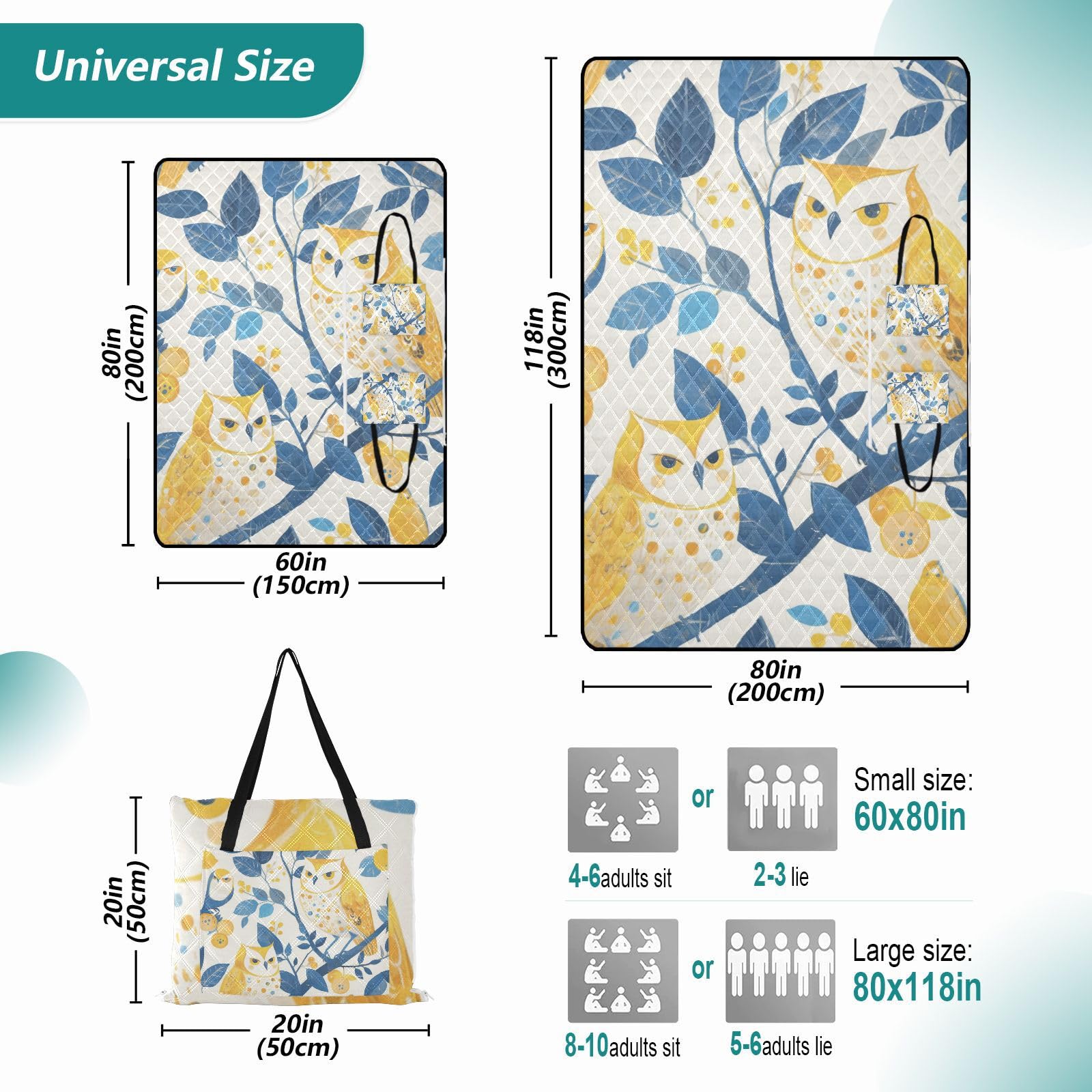 Yoogain Outdoor Blanket for Grass Sandproof Indoors Travel Picnic Blankets for Adults Concert Blanket Sweet Boho Owls 60x80in