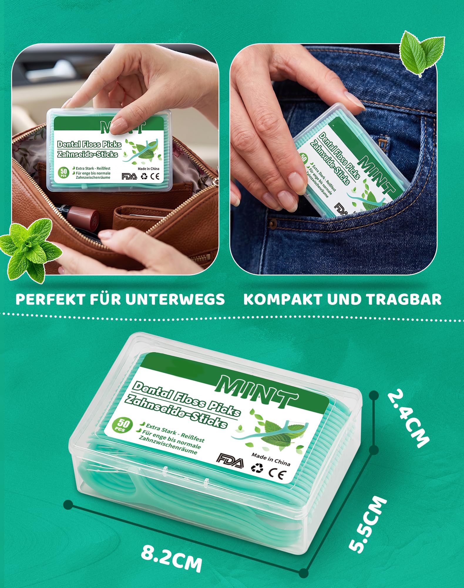 200 szt. nici dentystycznej w sztyfcie, miętowa, nić dentystyczna z wykałaczką, o smaku mięty, odporne na rozerwanie, do czyszczenia szczelin, pałeczki z nicią dentystyczną (4 x 50)