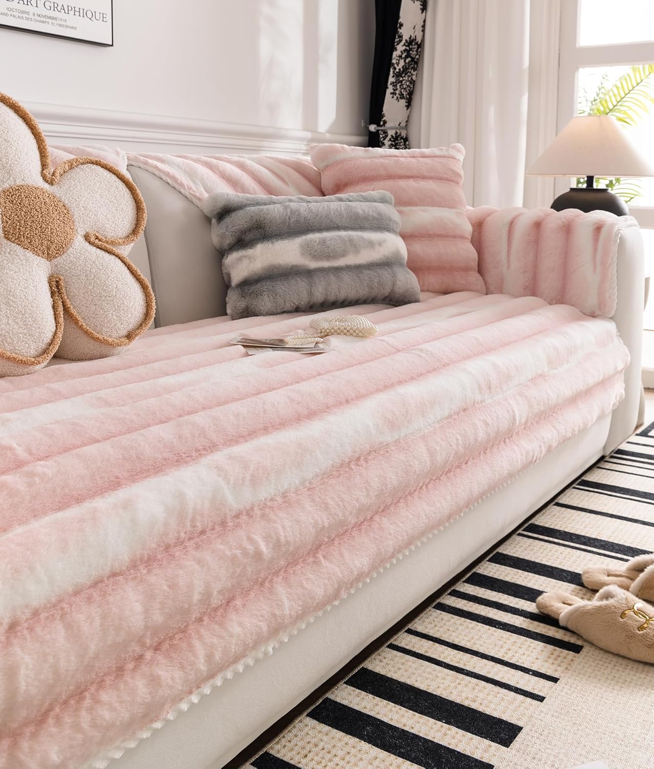 Faux Fur Gradient Color Sofa Cover Pink Ombre Thick Soft Sectional Couch Covers Fluffy Plush Fuzzy Anti-Slip Sofa Slipcover Washable Furniture Protector (Pink,36''x36'')