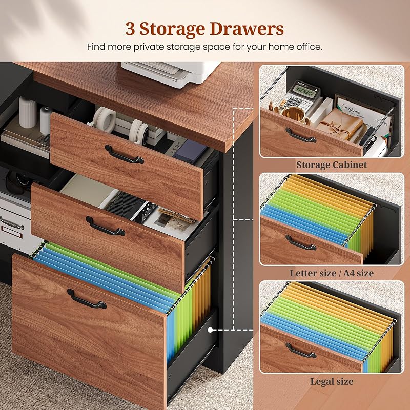 UPOSOJA 78.7" L Shaped Executive Desk with Power Outlets, Extra Large Office Desk with Drawers & File Cabinet, Modern Corner Computer Desk with Storage Shelves, Business Furniture, Walnut & Black image 6