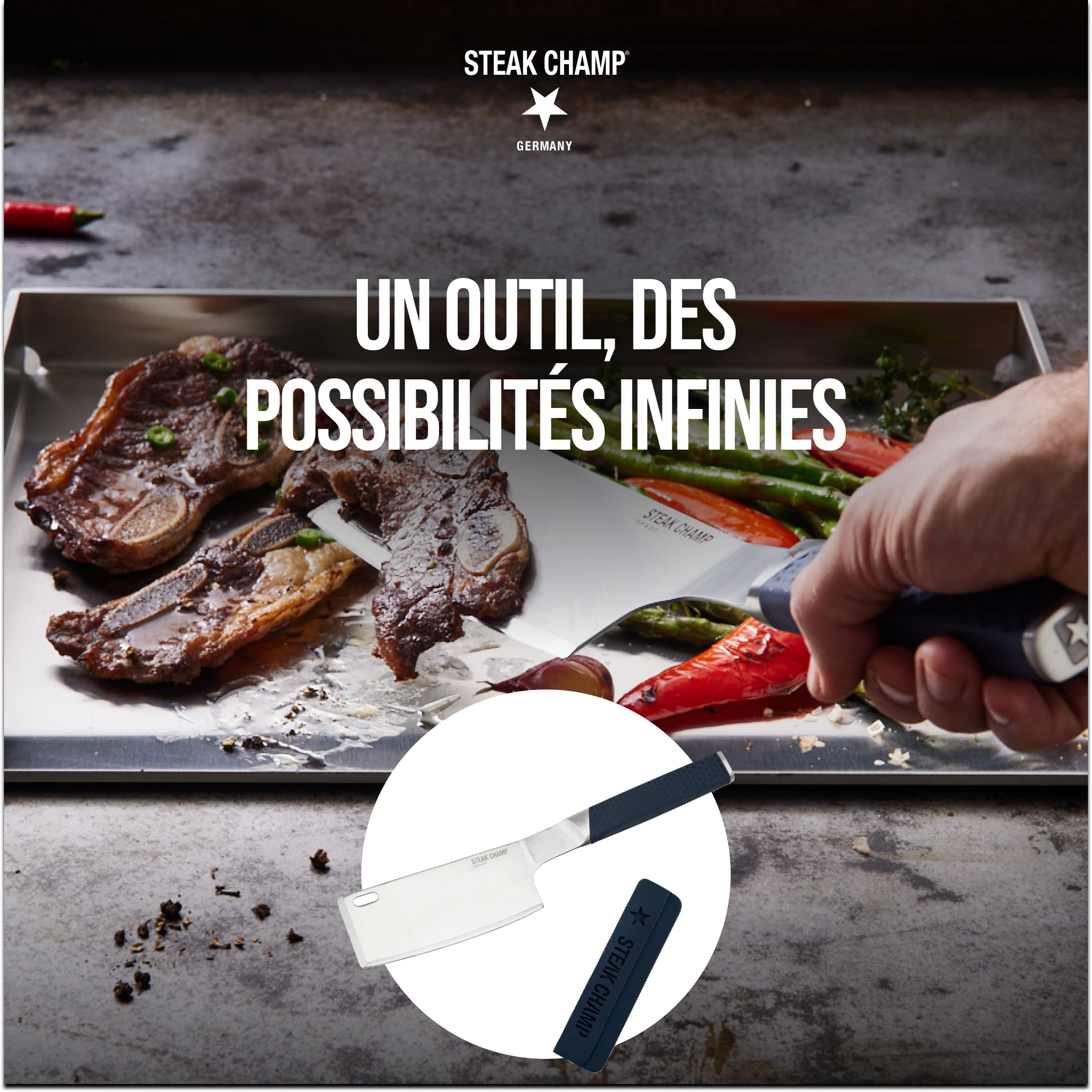 Steakchamp Spatule Flip & Cut : Spatule pour plancha, barbecue et poêle, avec tranchant de couteau de haute qualité et poignée antidérapante