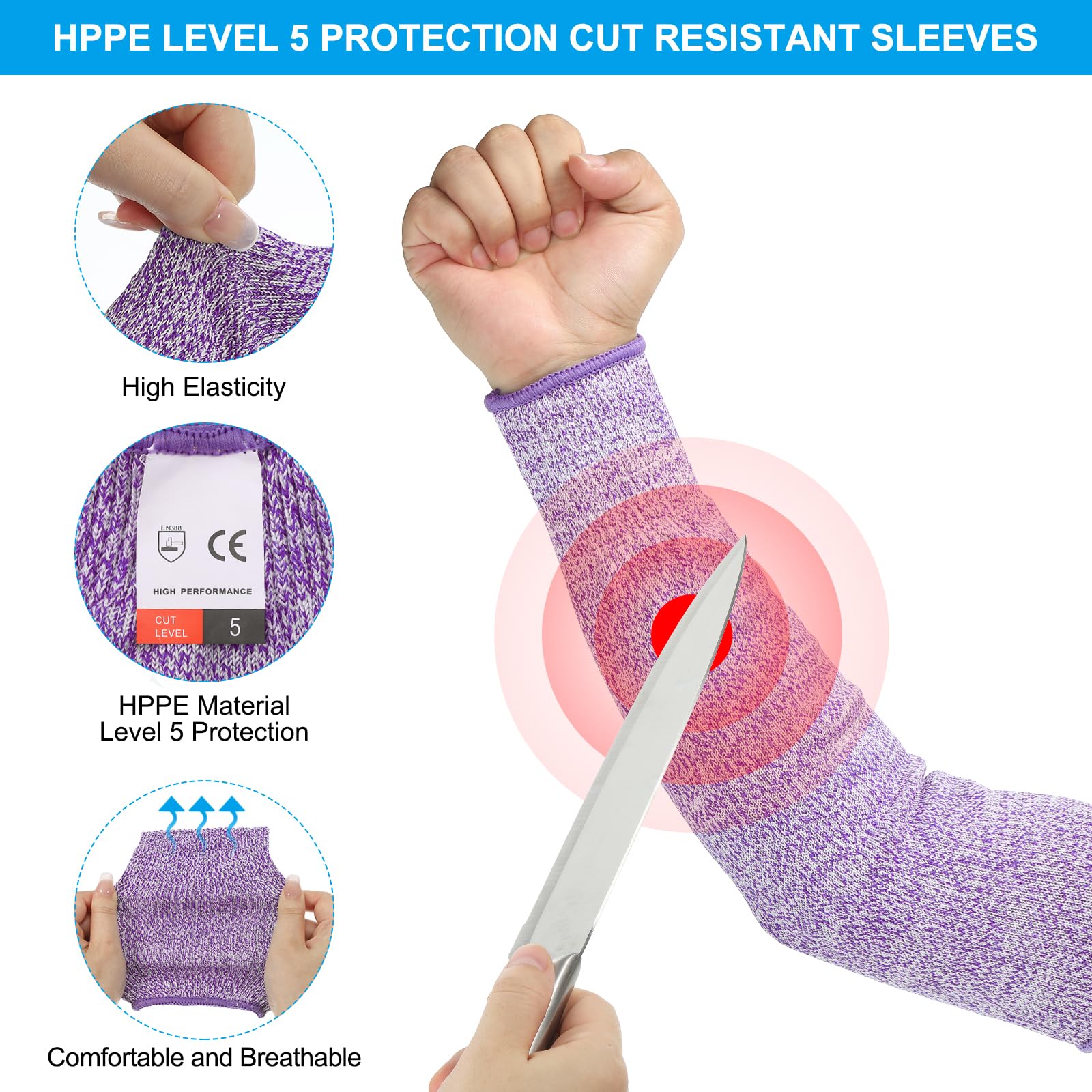 PATIKIL 16 Inch Cut Resistant Sleeve, 3 Pairs Arm Safety Protectors Sleeves Forearm Sleeve HPPE Level 5 Protection for Thin Skin and Bruising, L, Purple - Image 3