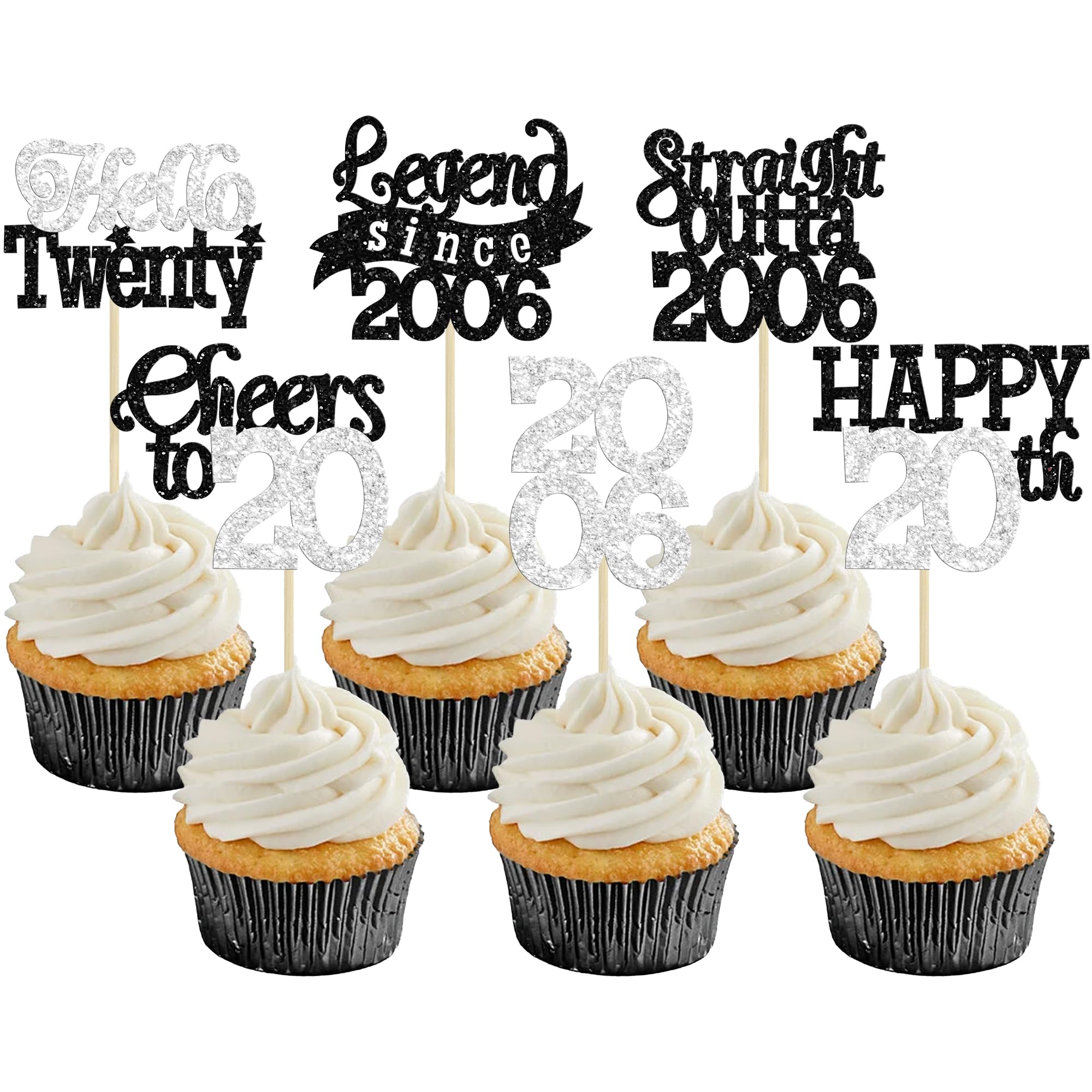 Gyufise 24Pcs Happy 20th Birthday Cupcake Toppers Hello Twenty Legend Since 2006 Cupcake Picks Cheers to 20 Years Cake Decorations for 20th Birthday Anniversary Party Supplies Black Silver
