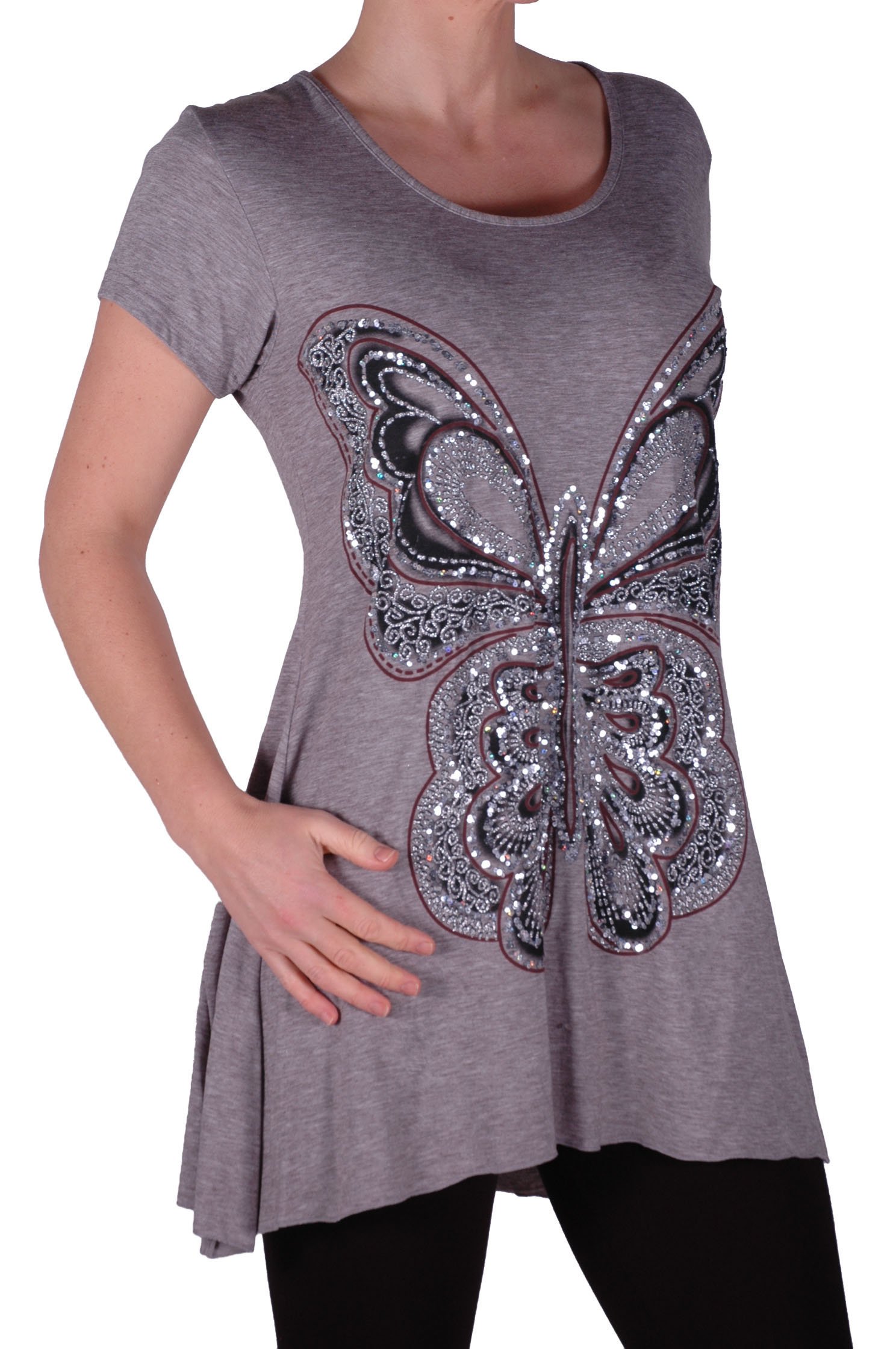 Eye Catch Women's Grey Plus - Butterfly Motif Long Short Sleeve Loose Stretch Top Size 18