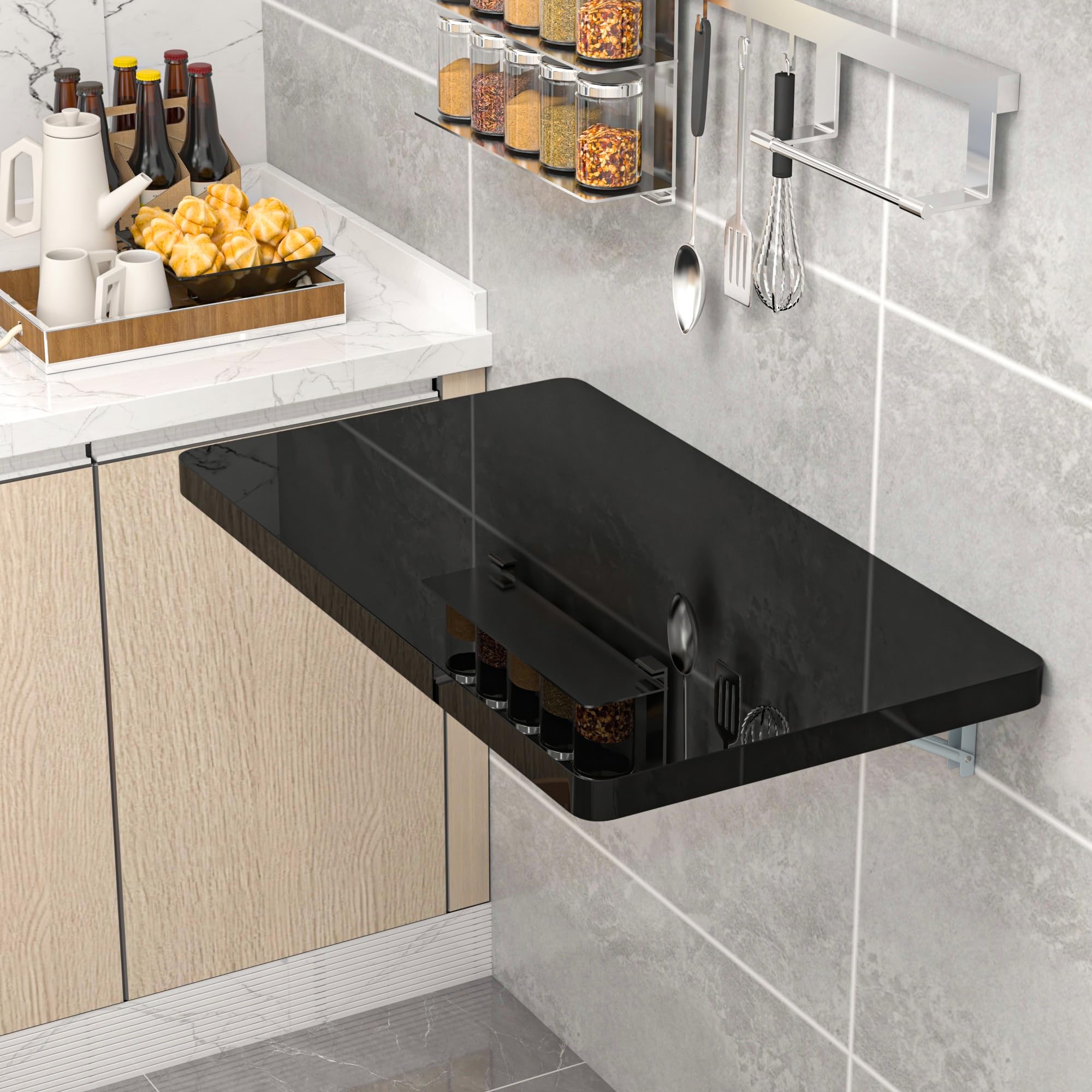 Photo 1 of Clikuutory Black Wall Mounted High Gloss Folding Table 23.6" L x 15.7" W, Laundry Folding Table for Laundry Room, Home Office, Kitchen, Bedroom, Home Bar, Wall Desk Fold Down for Small Spaces