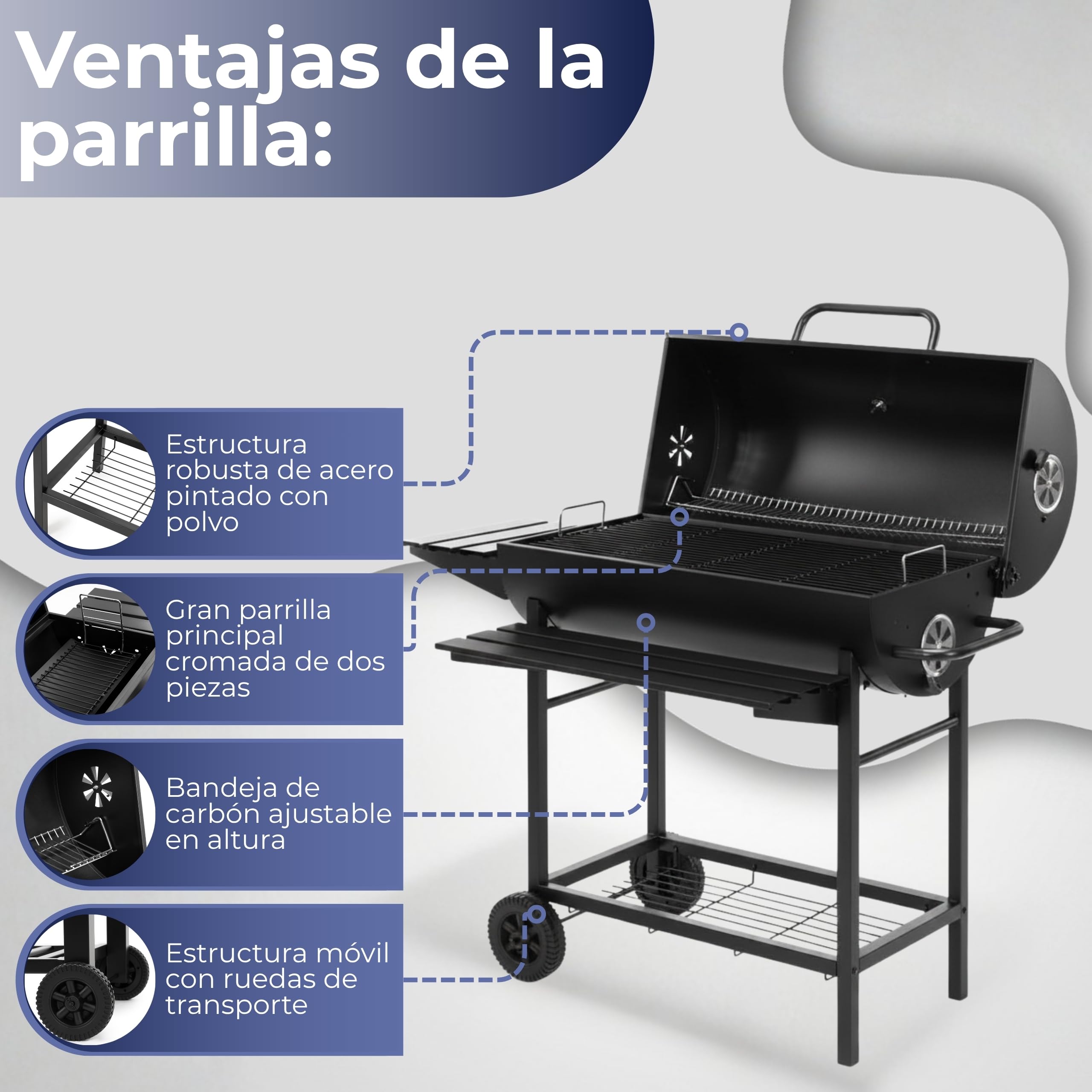 Springos Barbacoa de carbón vegetal con ruedas, bandeja de carbón ajustable en altura, termómetro, rejilla para calentar el calor, estantes laterales, barbacoa, ahumador, barbacoa de jardín para