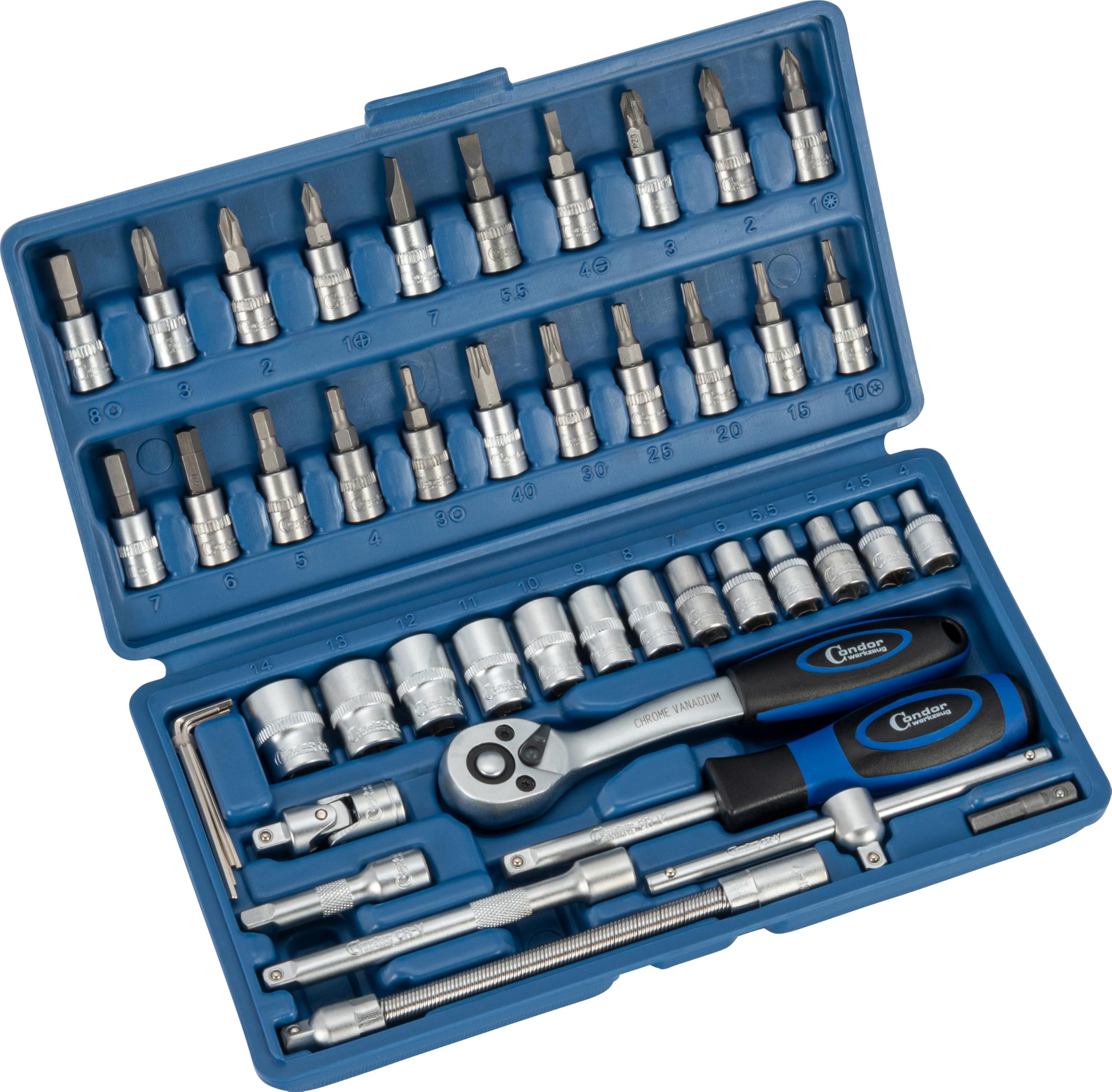 Condor Werkzeug 1046 - Juego de llaves de vaso (46 piezas, 1/4", 6 cantos, 4-14 mm, caja de carraca con carraca, herramientas profesionales para taller y bricolaje