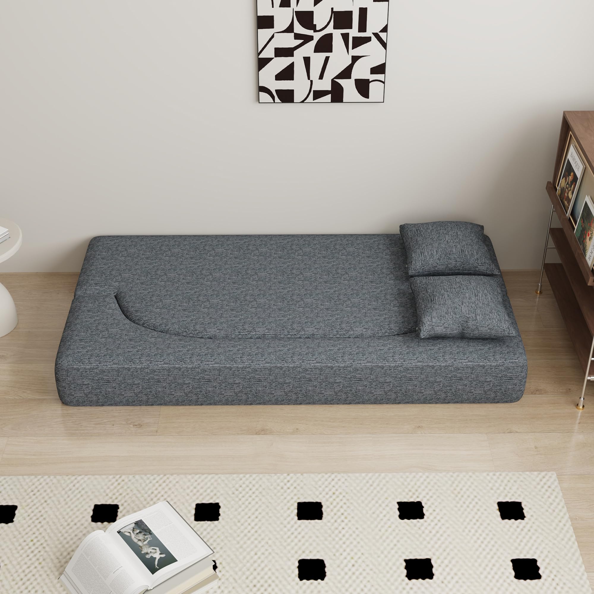 HENGJIANYI Folding Sofa Bed, Convertible Futon Sleeper Bed, 2-in-1 Foldable Floor Mattress with 2 Pillows, Breathable High-Density Foam Lazy Couch, Twin Size Comfy Lounge Chair, Dark Gray