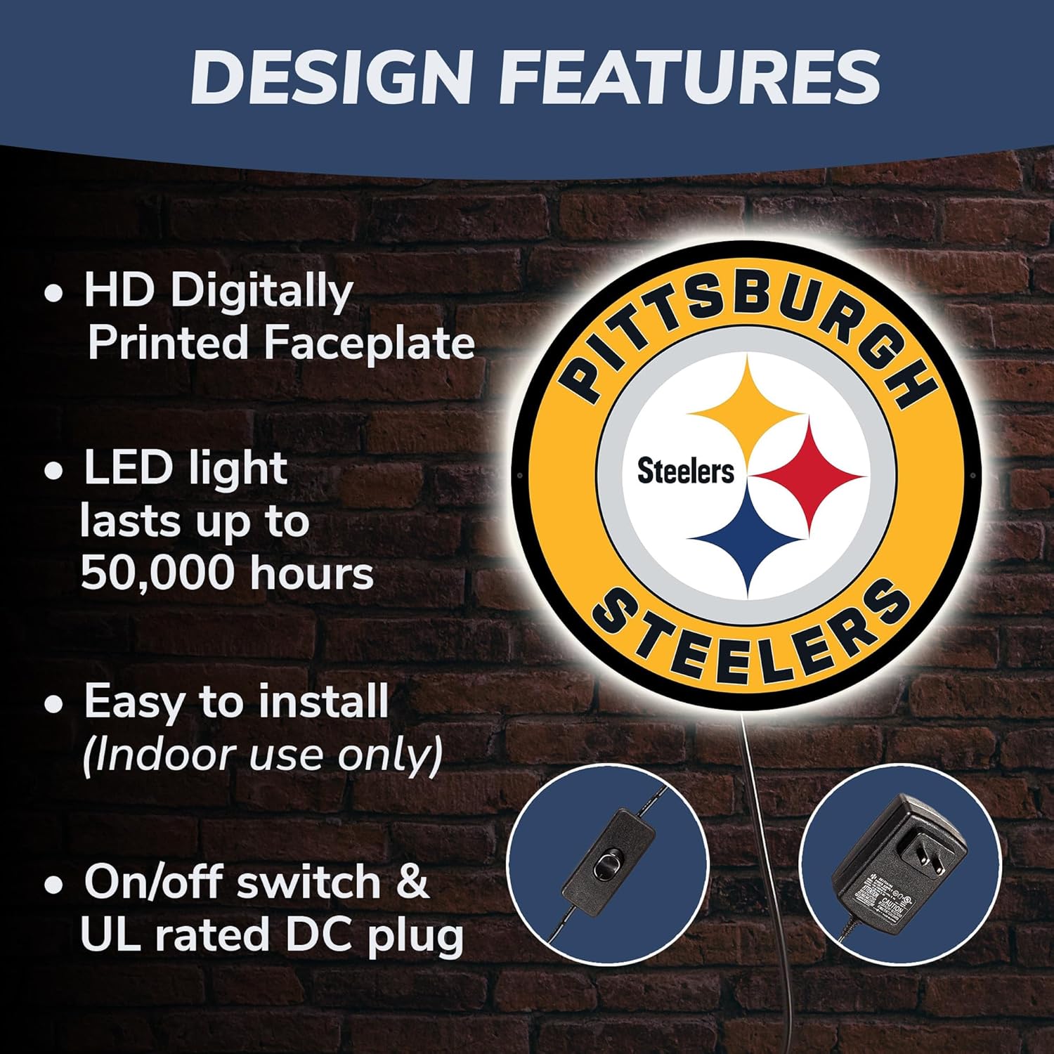 Team Sports America Evergreen NFL Pittsburgh Steelers | Ultra-Thin LED Light Wall Sign Decor | 23 Inch Round | Made in the USA Pittsburgh Steelers Round-23"