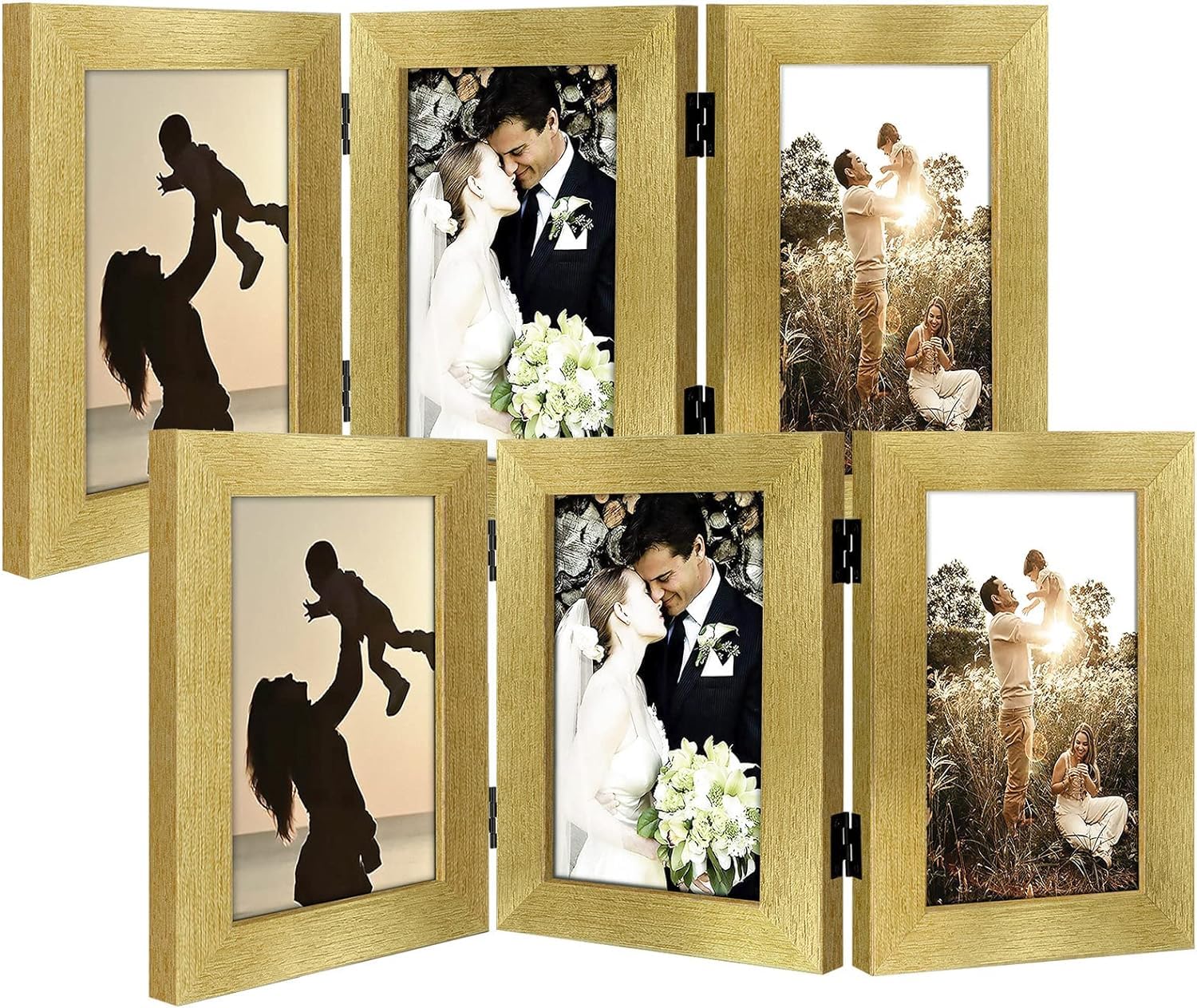 Golden State Art, 4x6 Three Picture Frame Trifold Hinged Photo Frame with 3 Openings, Desk Top Family Picture Collage, with Real Glass (4x6 Triple, Gold, 2-Pack)