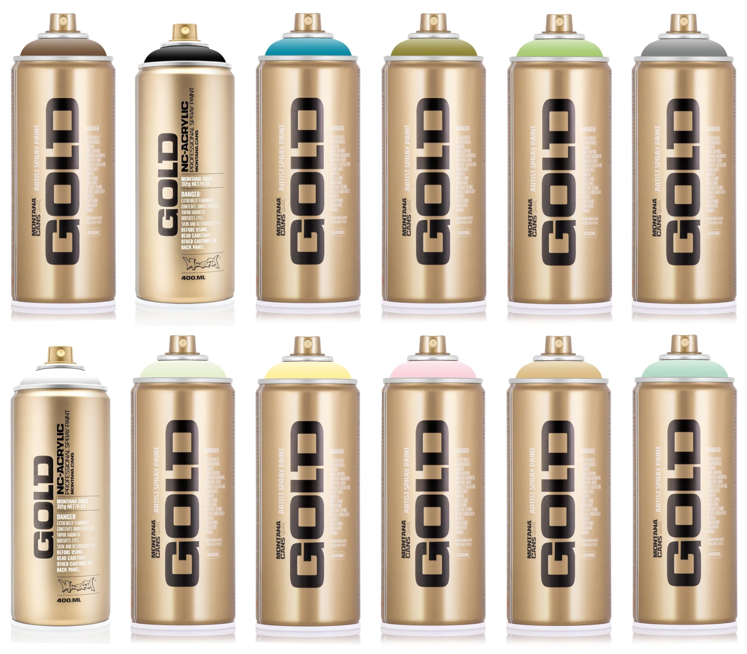 Montana Gold Premium-Sprühfarbe 12 x 400 ml - Pastellfarben auf Acryl Basis + schwarz & weiß - Low-Pressure