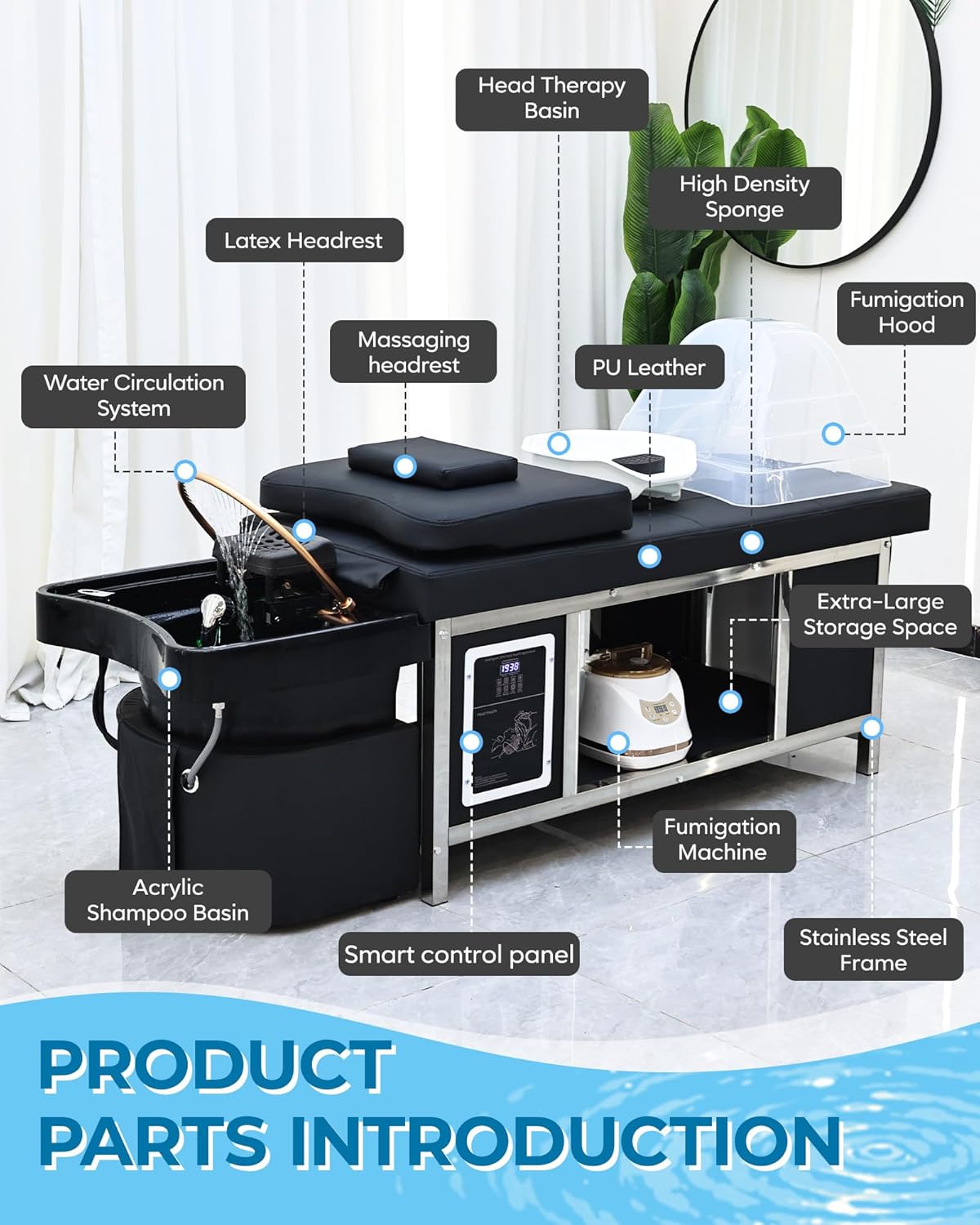 Head Spa Bed Head Spa Equipment with Steamer & Water Circulation System, Shampoo Bed Scalp Care Massage Table for Barbershop, Salon Station, Massage Parlor