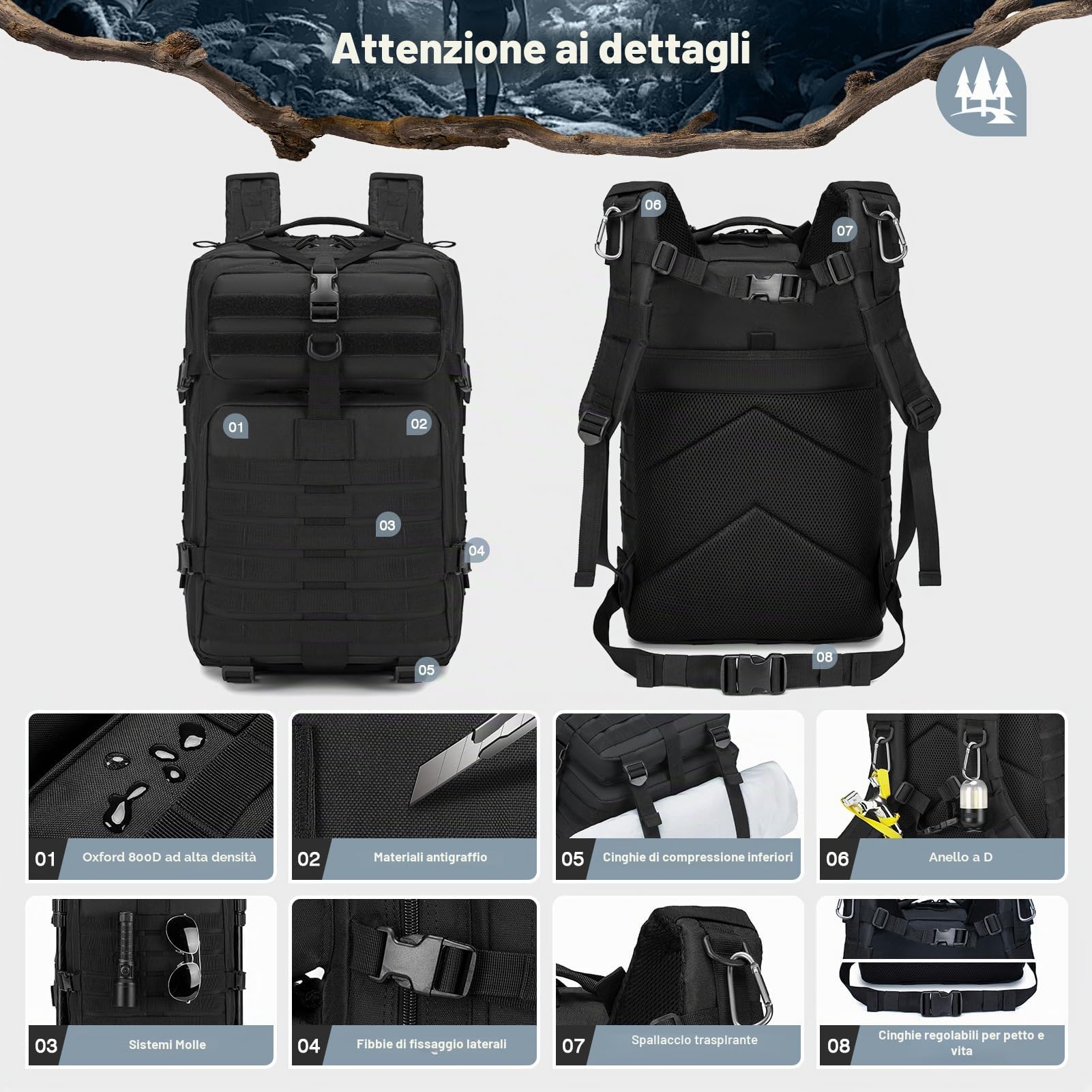 SPAHER 50L Zaino Militare Tattico Molle Assalto Viaggio per Donna Uomo Zaino da Trekking 800D Oxford per Escursionismo Alpinismo Sport Campeggio Survival