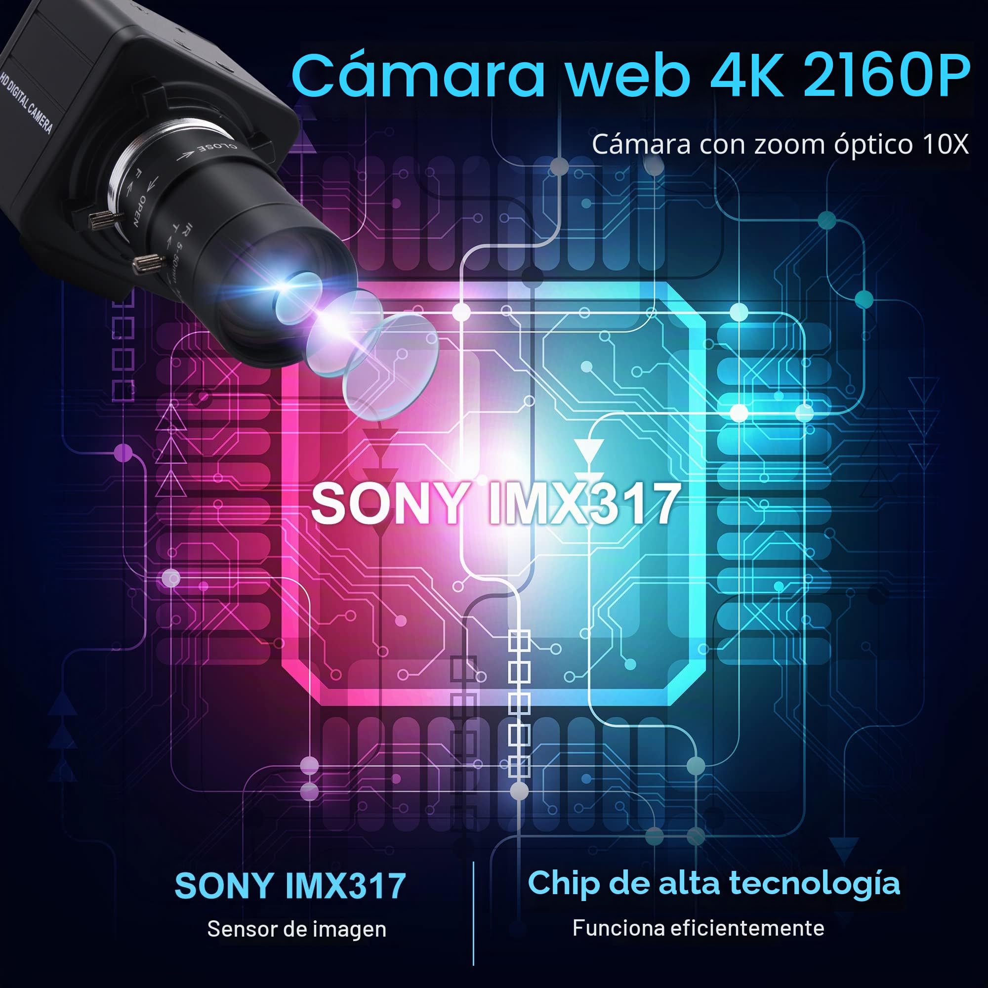 G Webcam 4K Varifocal USB 10X Zoom Óptico, 5-50 mm Vari-Focus Webcam 4K Ultra HD 2160P, Sensor IMX317, Varifocal USB Zoom Webcam para Mac/Windows/Linux