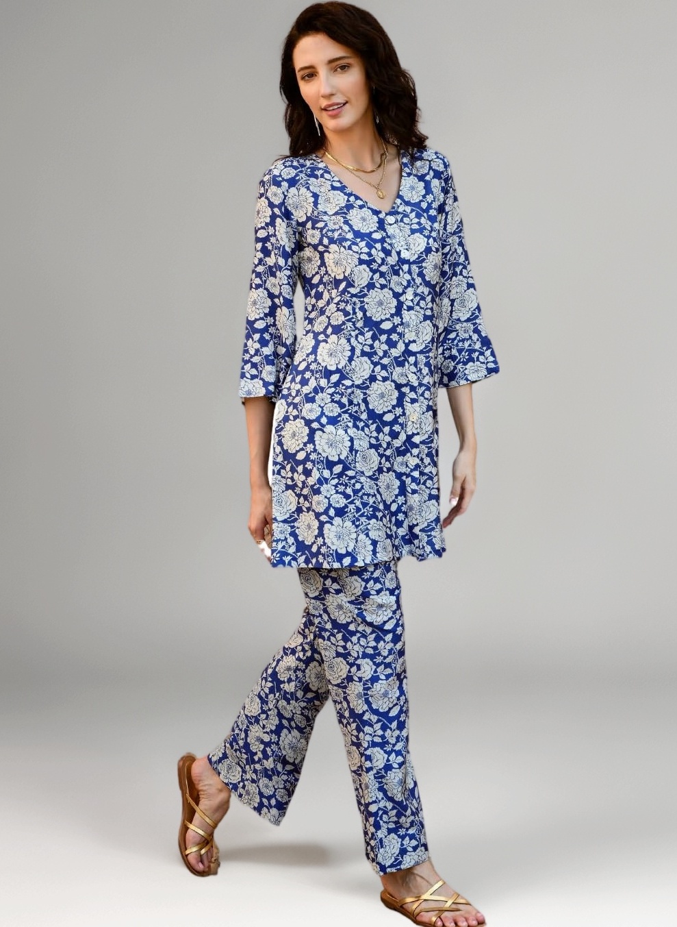 NAINVISH Ladies Pajama Set Co-Order Set Cotton Blend Chic Top and Pants 2 Piece Dress for Women Floral Print Top and Bottoms Full Pair