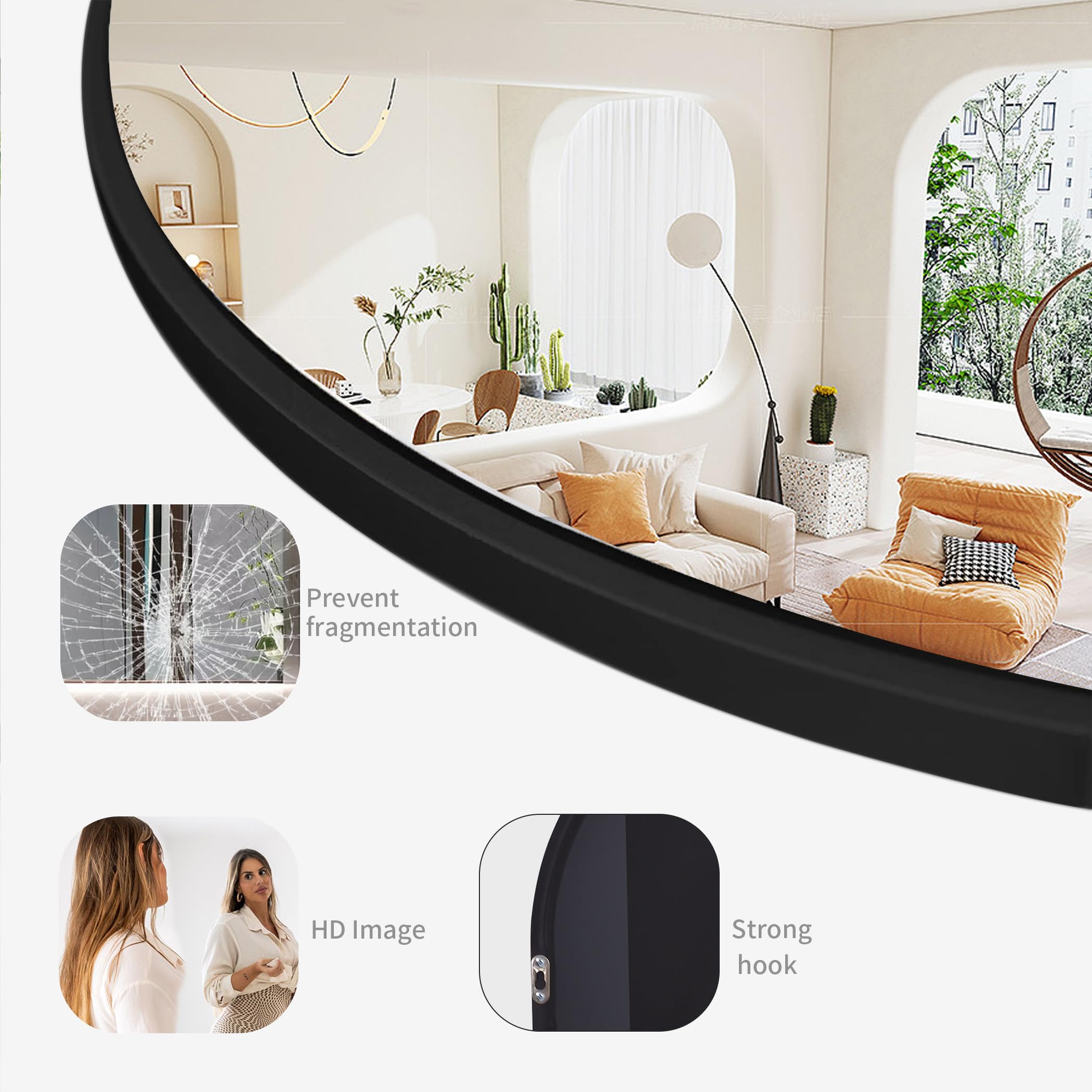 COFENY Lustro na łukowatej podstawie, duże lustro ścienne z aluminiową ramą 150 x 40 cm, wiszące lub wiszące lustro do salonu, sypialni, przedpokoju, czarne