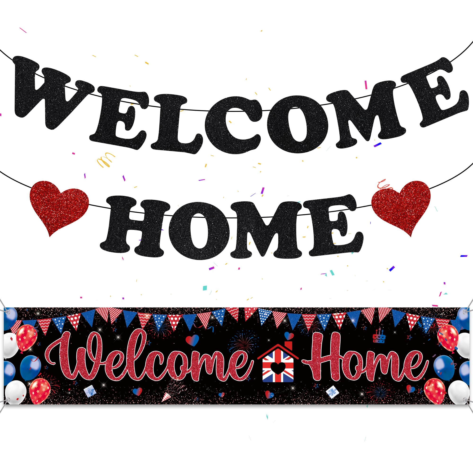 Welcome Home Letter Banner Decorations - Black Red Welcome Back Hanging Backdrop Military Relatives Returning Housewarming Decor, Large Background Banners for Homecoming Family Party Indoor Outdoor