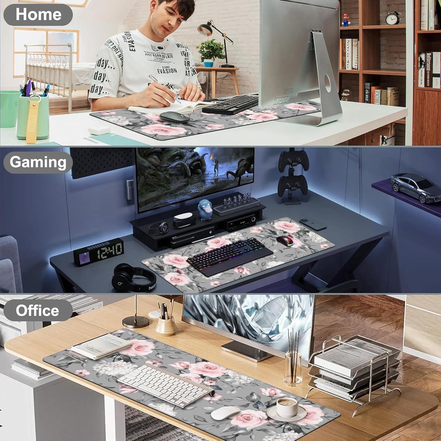 Pink Roses Desk Mat,Large Spring Blooming Flowers and Leaves Gaming Keyboard Mouse Pad,Non-Slip Rubber Base Desk Pad Thick Stitched Edges Waterproof Mousepad Mouse Mat 31.5"x11.8" - Image 7