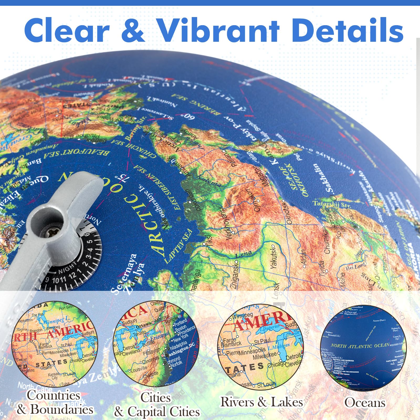 LIFEZEAL 30 cm Globo Terrestre illuminato con illuminazione a LED,Globo da ufficio educativo con rilievo geografico e fusi orari, Gobe geografico con base in legno stabile per studio e decorazione I