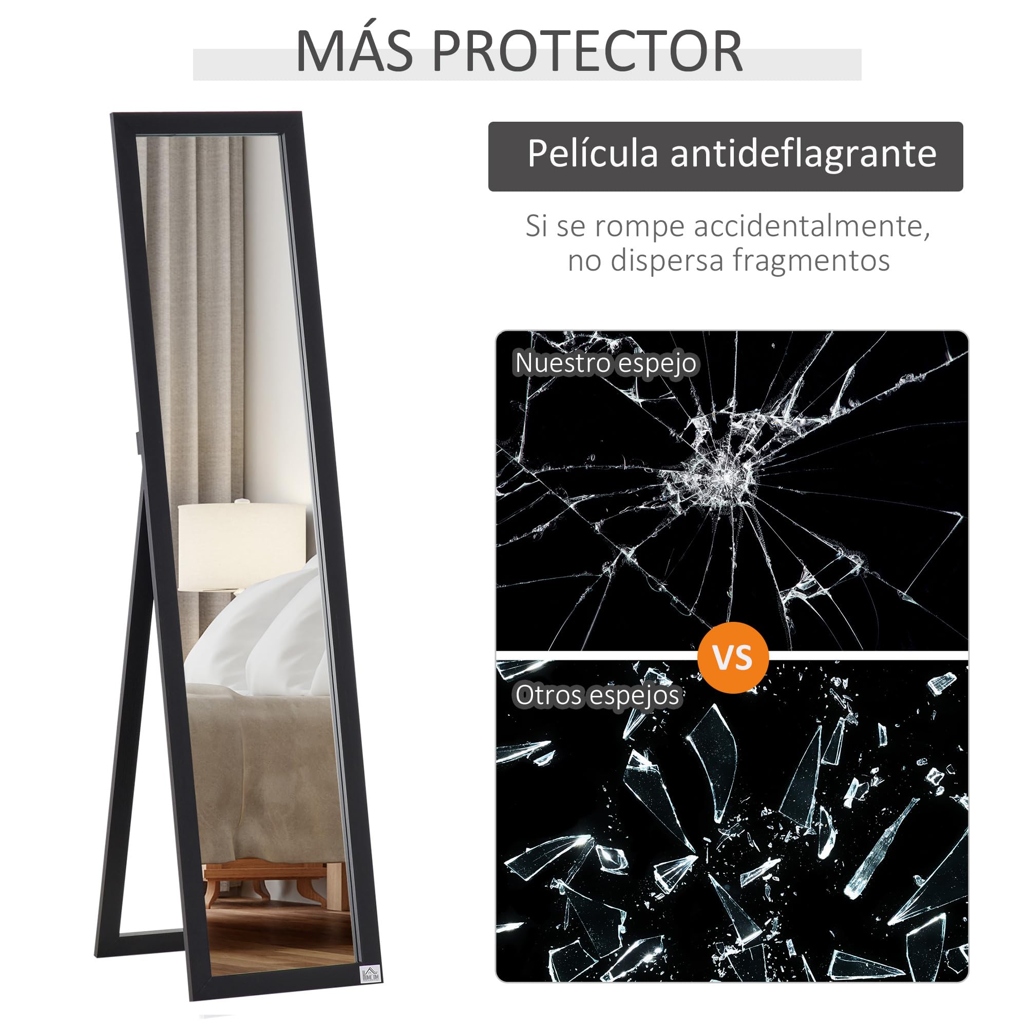 HOMCOM Espejo de Pie Cuerpo Entero Espejo Pared Rectangular con 2 Formas de Uso Moderno para Pasillo Dormitorio Sala de Estar 37x37x154 cm Negro
