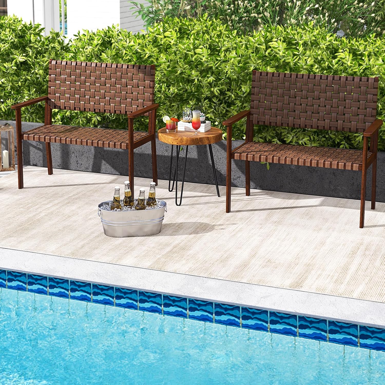Tangkula Patio Loveseat Bench, Outdoor All Weather Bench with Solid Rubber Wood Frame & Hand Woven PU Leather, Indoor Outdoor 2-Seater Conversation Chair for Backyard, Garden, Poolside