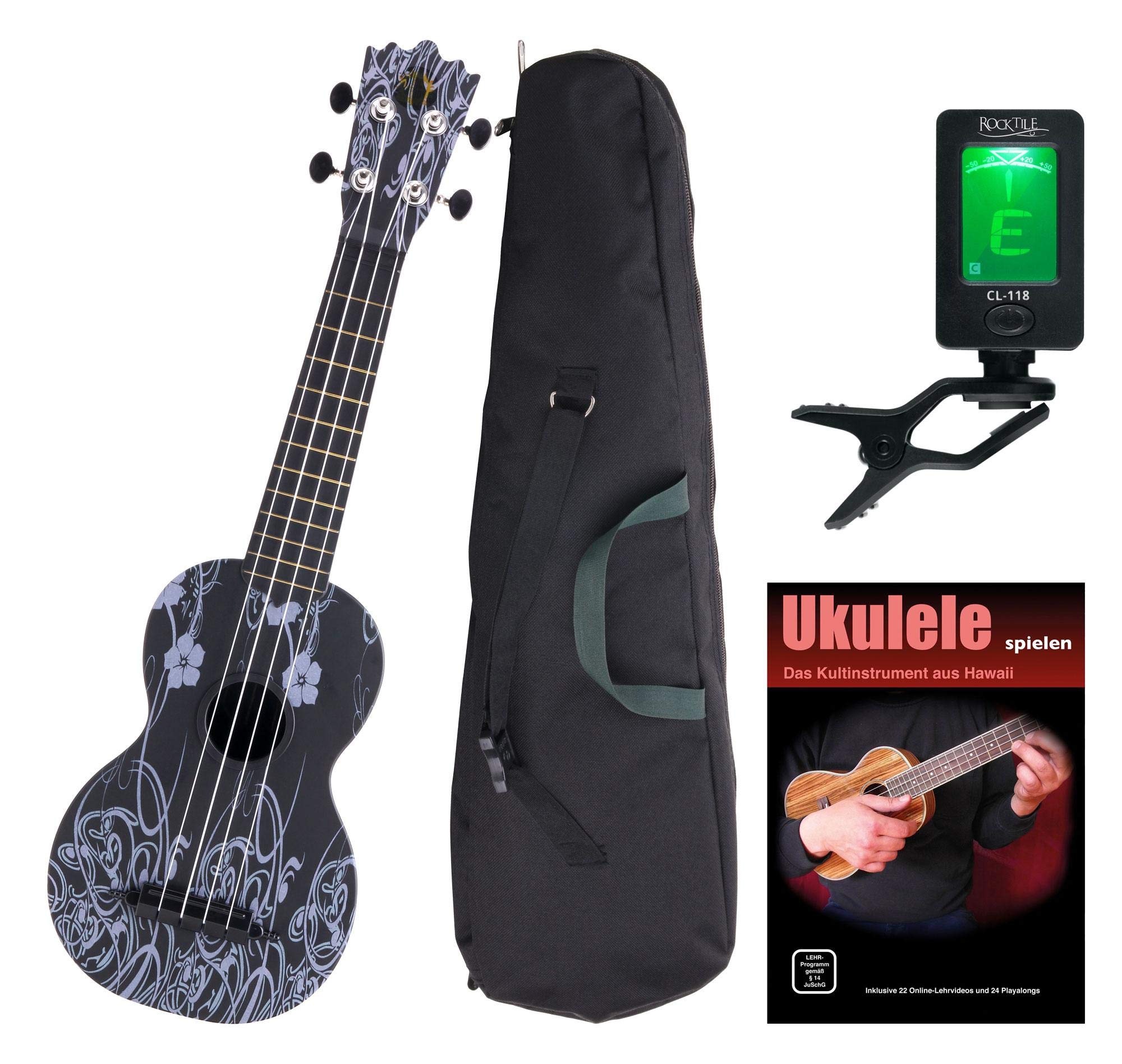 Classic Cantabile BeachBuddy Black Beauty Ukulele Set incl. Accordatore | Classic Cantabile Sopran Ukulele, Resiste a umidità e sbalzi di temperatura, Mensura sopranino, 12 tasti, Design originale