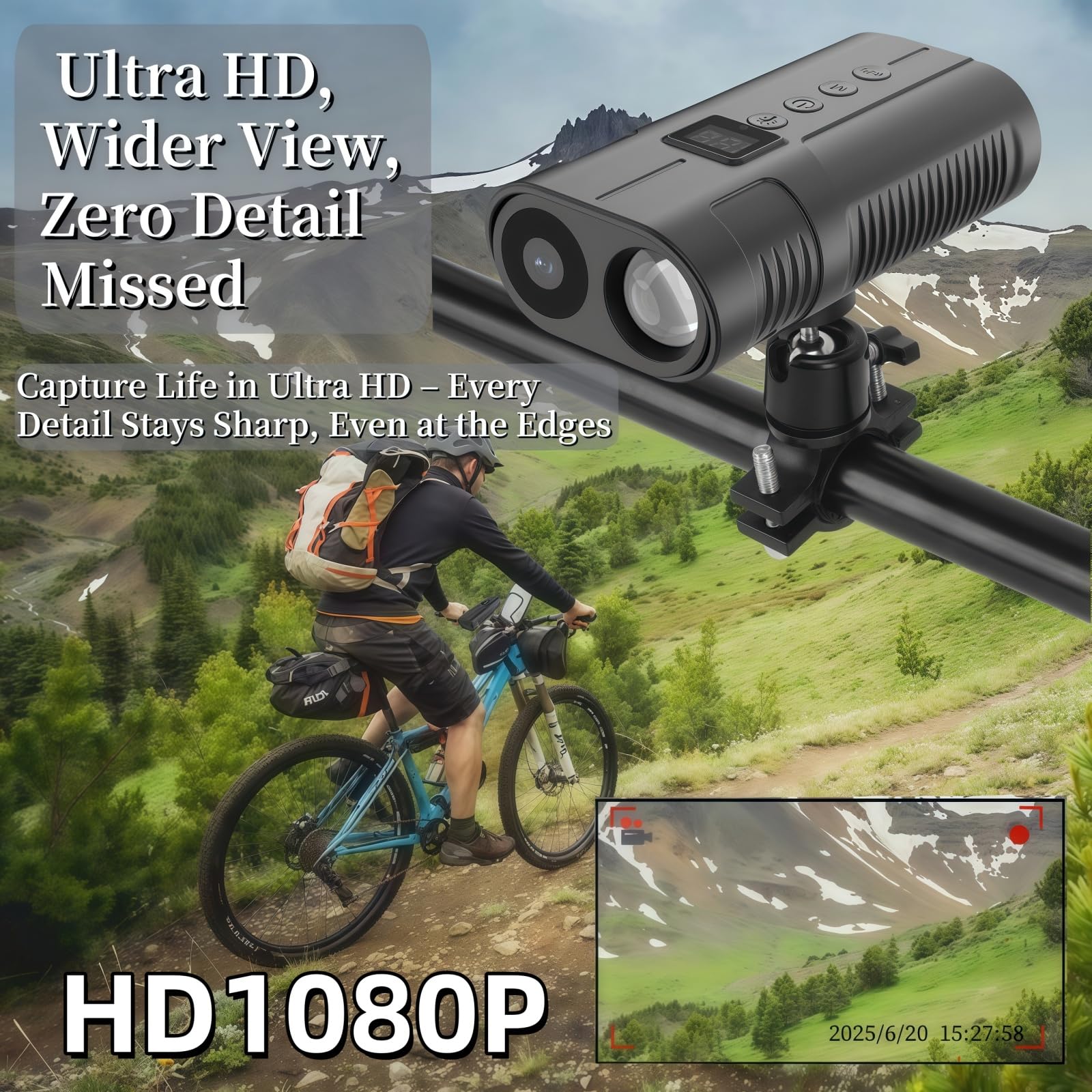PIEPIE Videocamera sportiva con luce anteriore per bicicletta, 1080p, HD, con memoria da 64 GB, registrazione 10H, faro LED ricaricabile per guida notturna, accessori per bici da cross, mountain bike