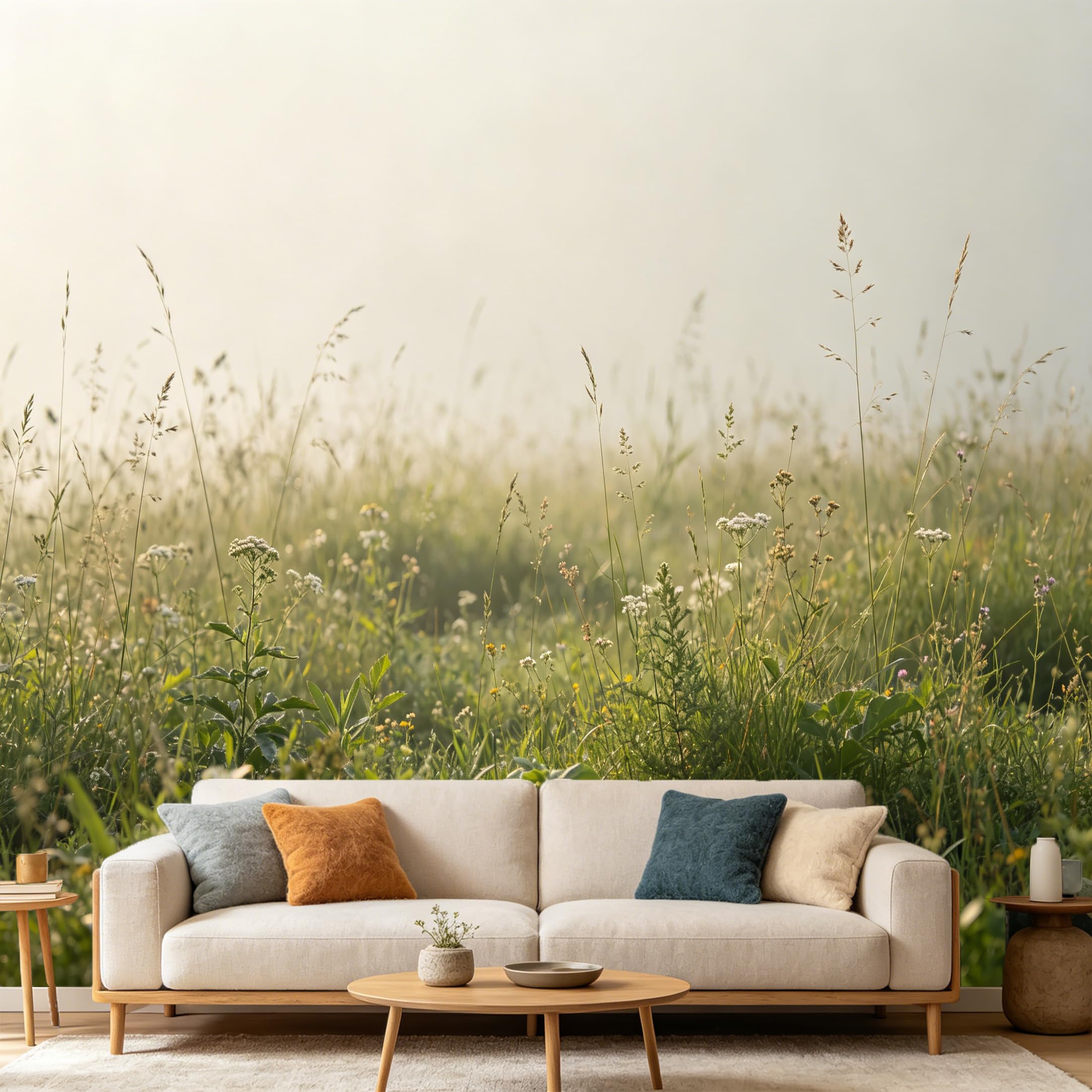 Custom Size Wall Mural Misty Morning Meadow Wildflowers Landscape SelfAdhesive Art Prints wall Fabric（No PVC） Removable Wallpaper Home Bedroom Decor Nature Wall Art