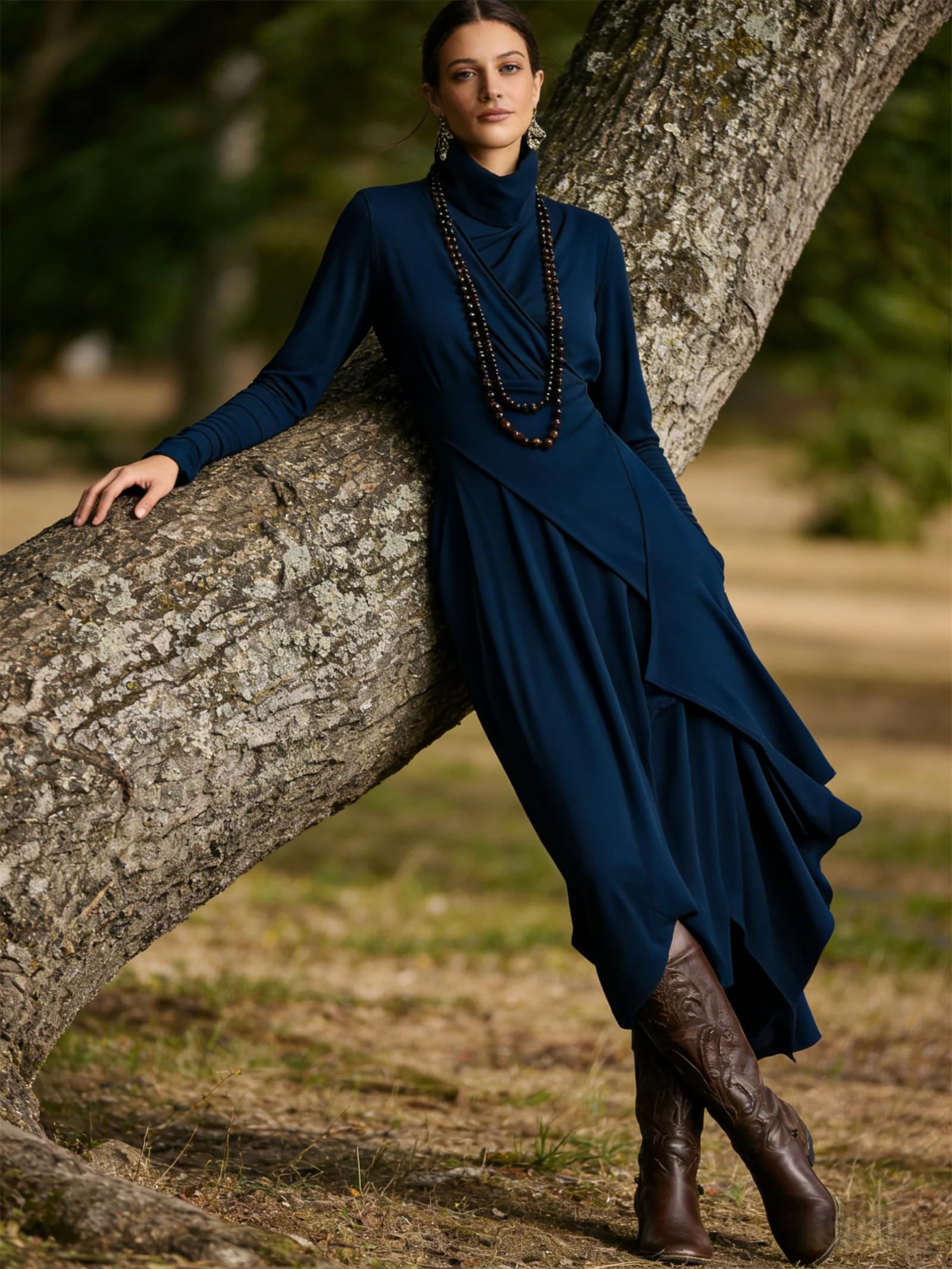 Damska sukienka z długim rękawem, elastyczna dzianina, falbana, asymetryczna, z golfem, solidna, modna, zachodnia, elegancka, bodycon, boho, bawełna, drapowana, maxi, zimowa, koktajlowa, z wysokim