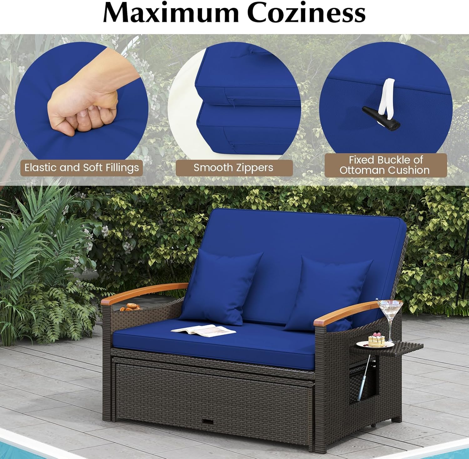 Close-up images showing the elastic and soft fillings of the cushions, smooth zippers, and fixed buckle of the ottoman cushion.