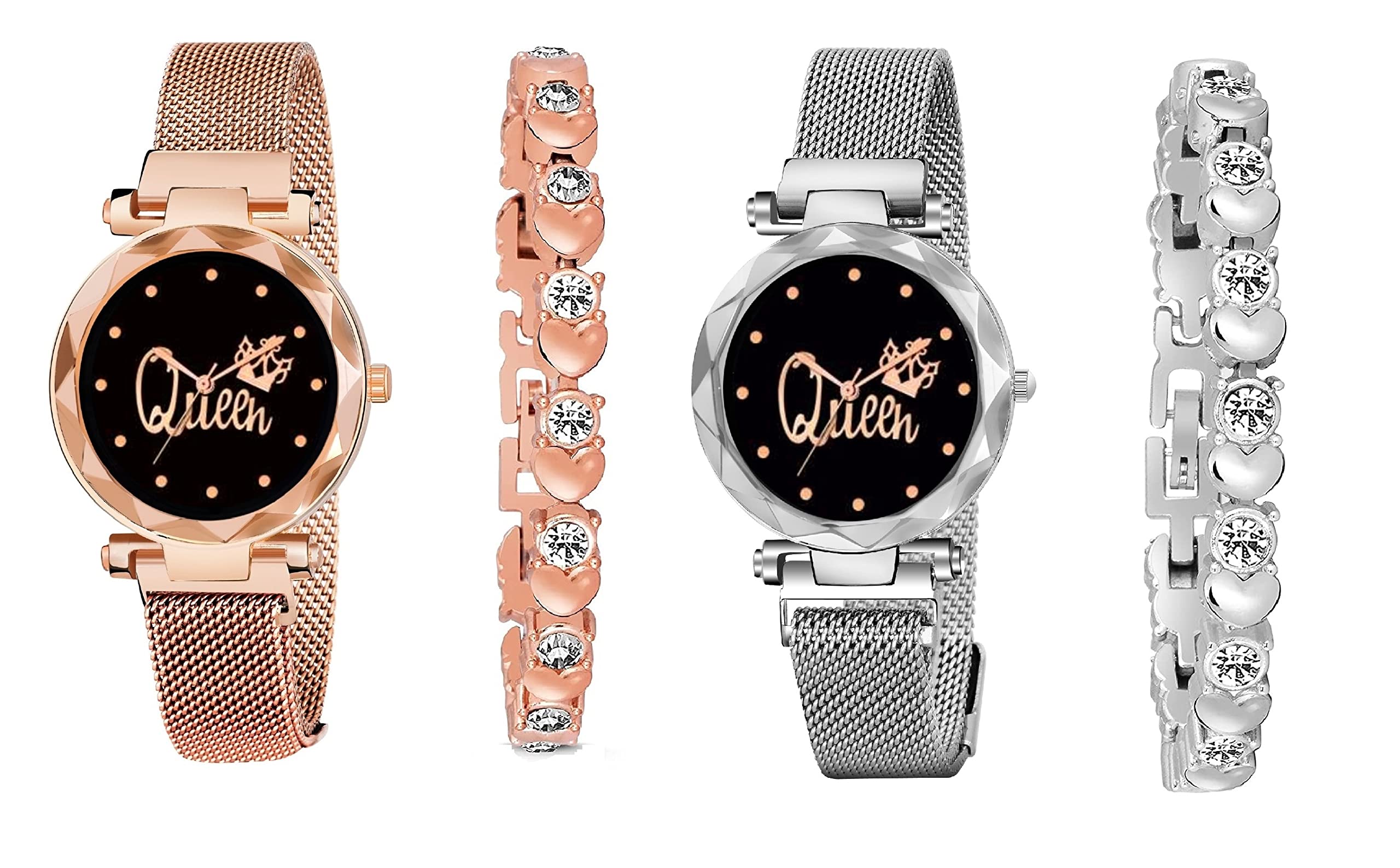 KIARVI GALLERY Clausal Black and Gold Queen Dial with Magnetic Metal Strap Analog Watch and 2 Present Gift Bracelet Set for Girls and Women (Combo of 4) (Gold and Silver) (B09JM8MVML) Amazon Price History, Amazon Price Tracker
