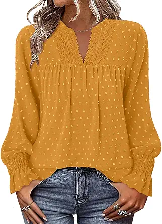 BETTE BOUTIK Women Boho Long Sleeve Shirts Dressy Casual V Neck Fall Fashion Tops Swiss Dot Flowy Blouses