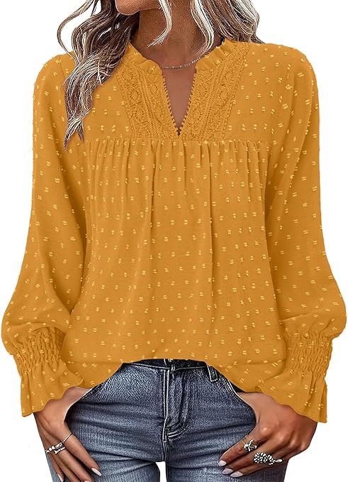 BETTE BOUTIK Women Boho Long Sleeve Shirts Dressy Casual V Neck Fall Fashion Tops Swiss Dot Flowy Blouses