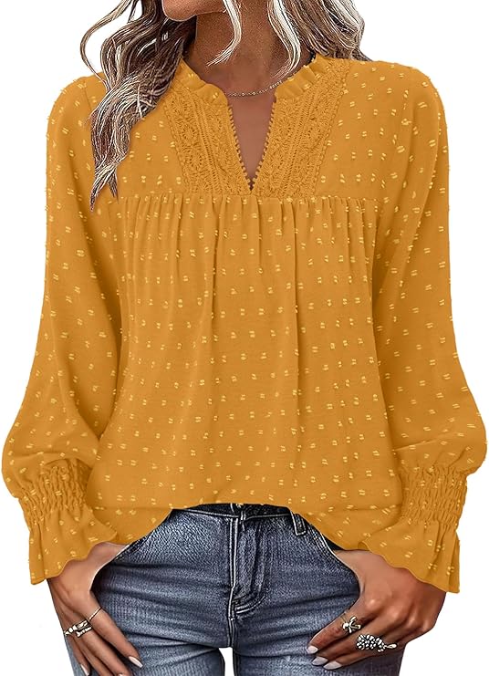 BETTE BOUTIK Women Boho Long Sleeve Shirts Dressy Casual V Neck Fall Fashion Tops Swiss Dot Flowy Blouses