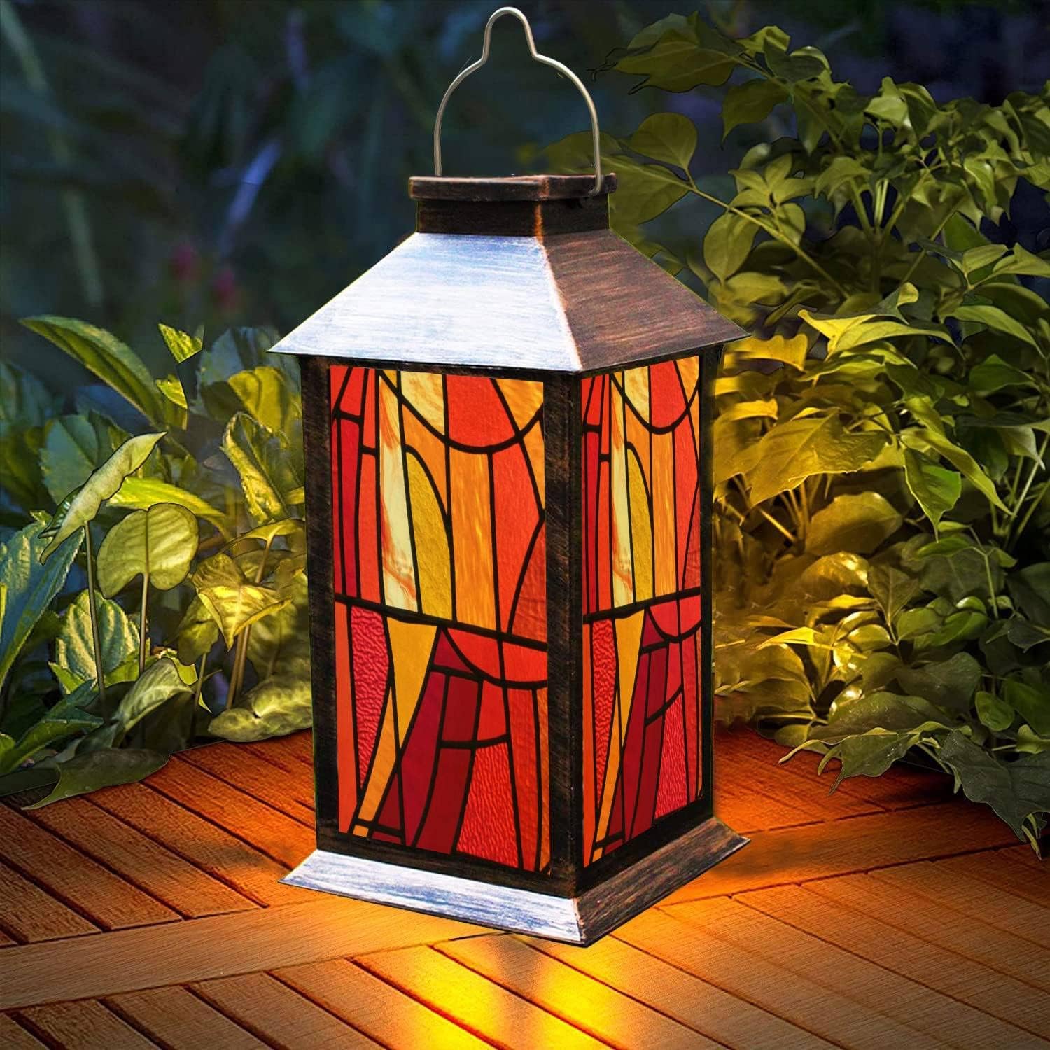 Hanging Solar Lantern Stained Glass in LED Solar Portable