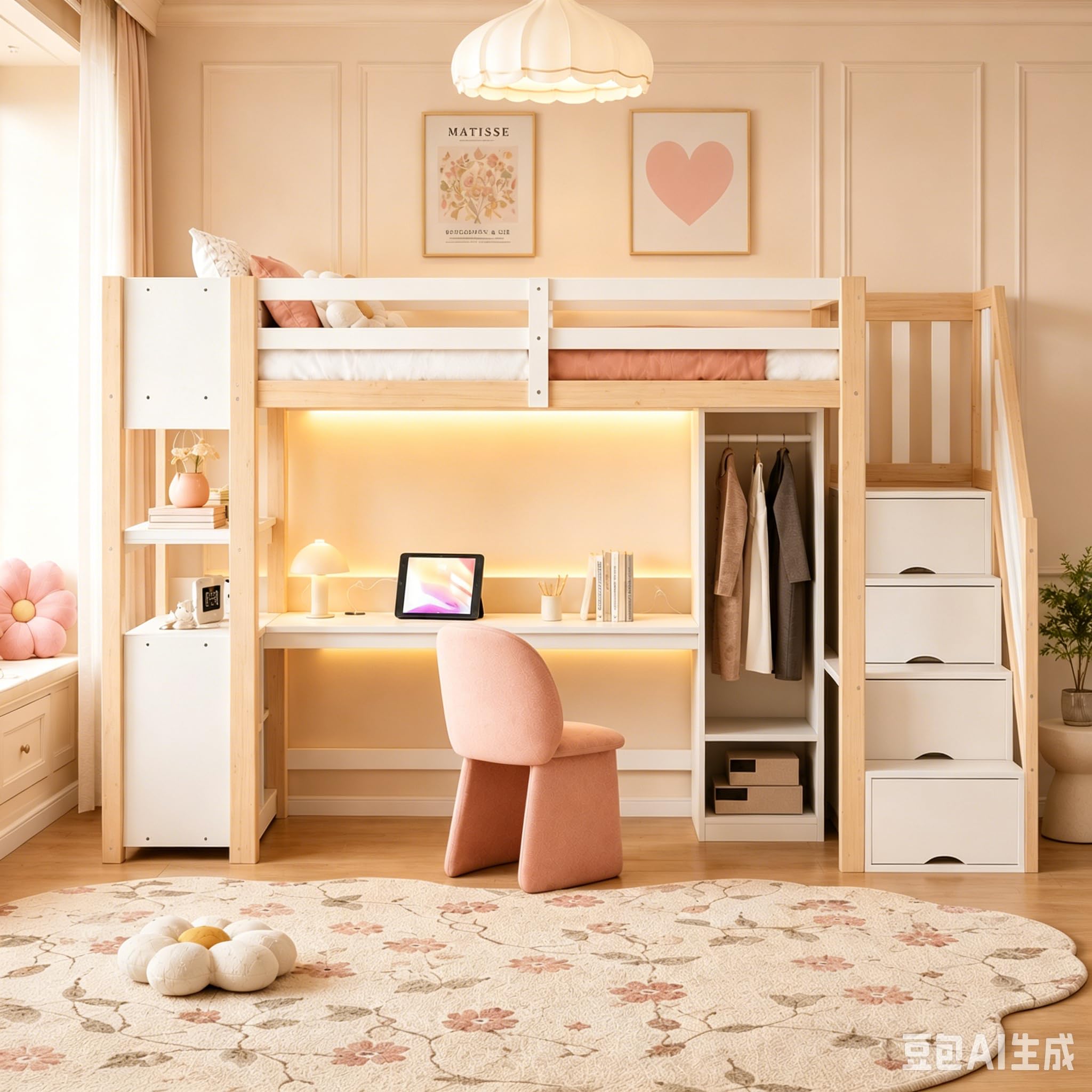 Merax Holz Hochbett 90 x 200 cm, mit Schreibtisch, Kleiderschrank, Treppe mit Stauraum, Regal und Ablagefach, Hochbett mit LED Lichtleiste und Steckdose, weiß & Holzfarbe (ohne Matratze)