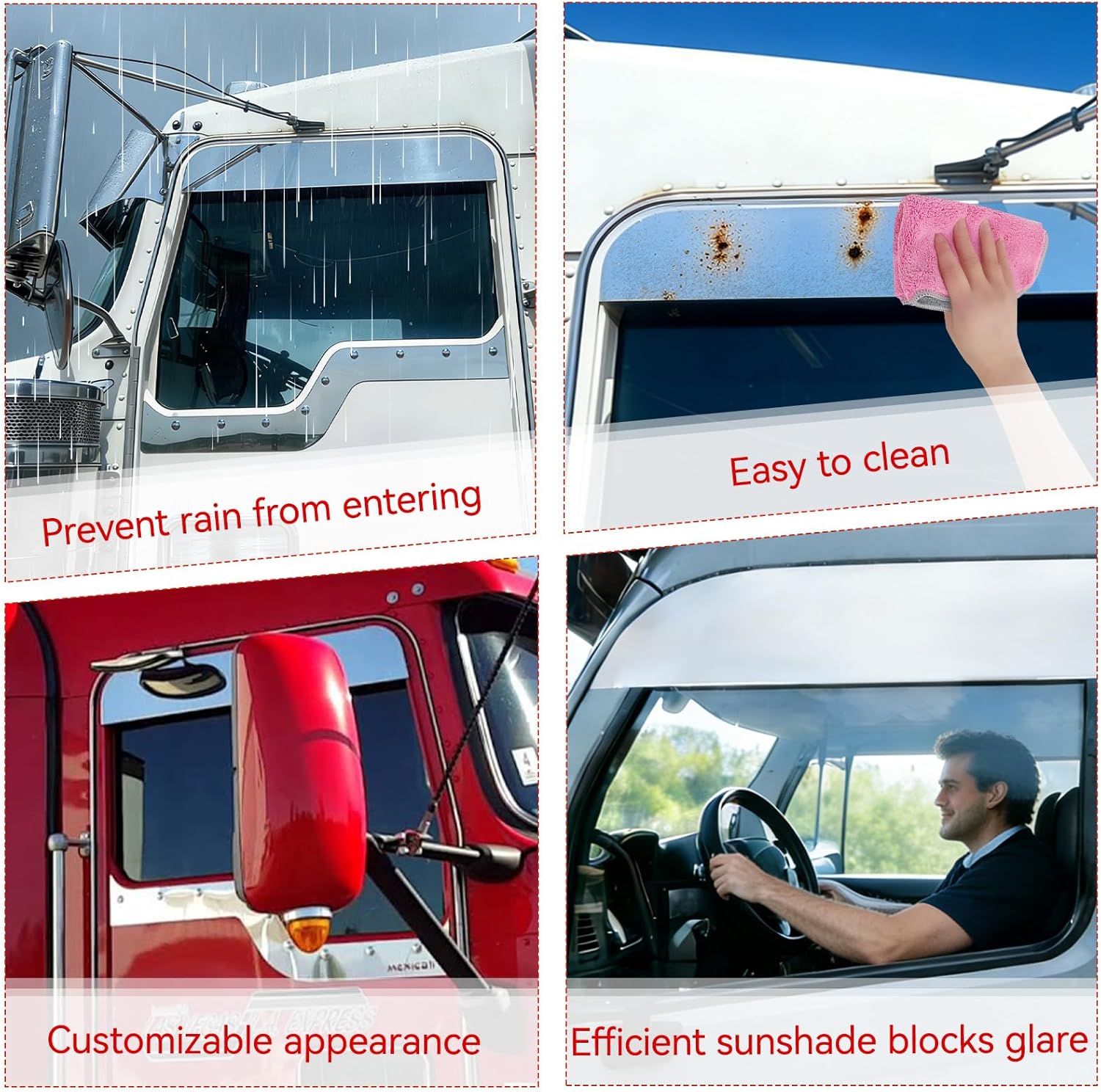 JERBOR 2pcs 5" Chopped Window Trim Stainless Steel Fit for Peterbilt 379 386 389 2005+ Semi Trucks,Driver and Passenger Side, Stainless Steel Window Sun Visor