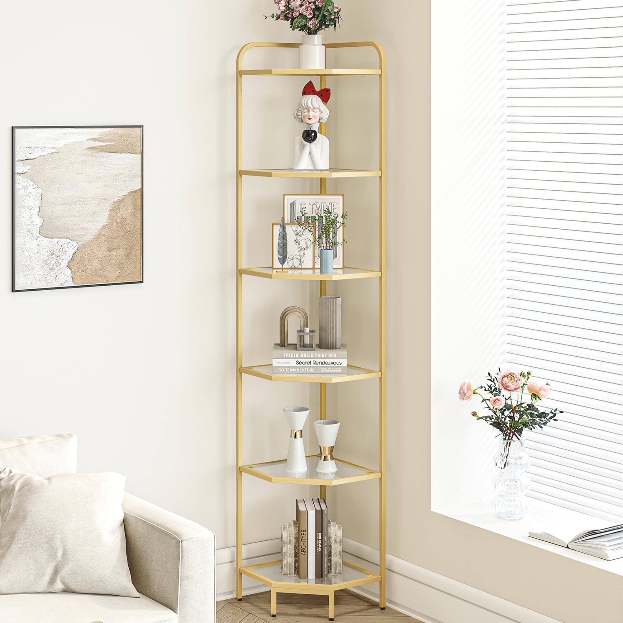 Hzuaneri Corner Shelf Stand, Glass Bookshelf Bookcase, Bathroom Organizer, Plant Stand, Steel Frame, Tempered Glass, Modern Style for Living Room, Bathroom, Kitchen, 6-Tier Golden CS90600G