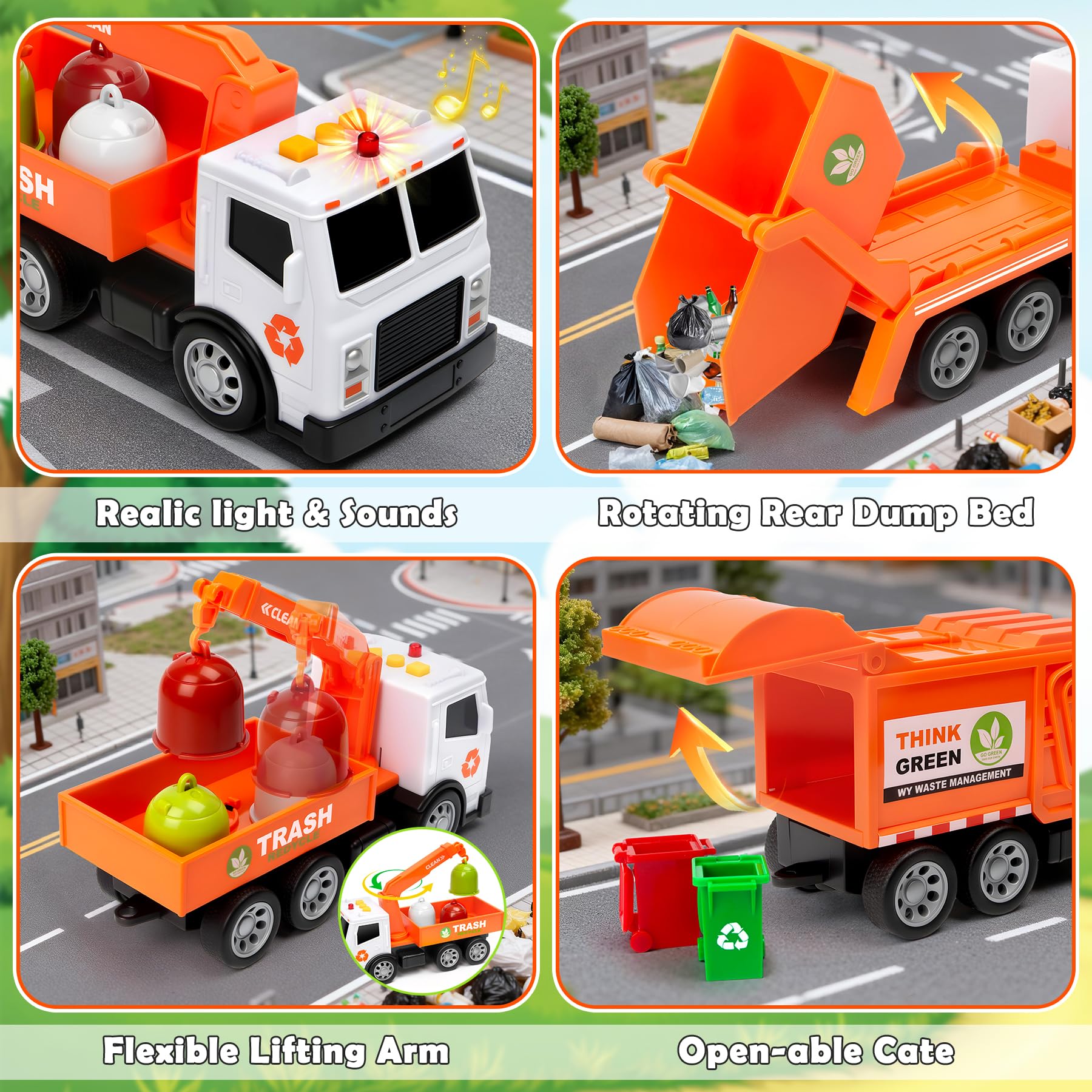 BunnyJOY Müllauto Spielzeug Set für Kinder ab 3 Jahre, LKW mit Licht & Sound, Friktion Müllwagen, Kranwagen, Müllkipper & Hecklader inkl. Mülltonnen & Figur, Lernspielzeug Geschenk