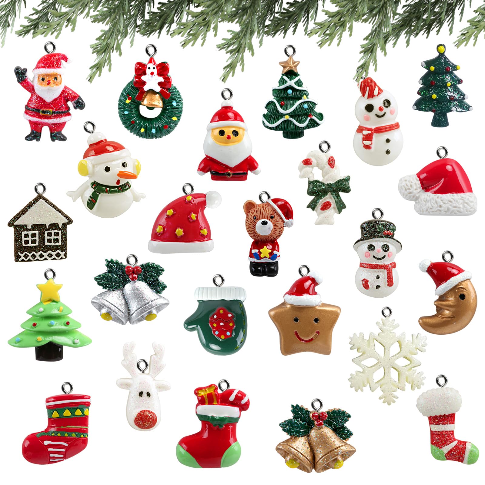 Naler 24PCS Mini Christmas Ornaments, Resin Design with Santa Claus, Snowman, Reindeer and More for Christmas Decoration