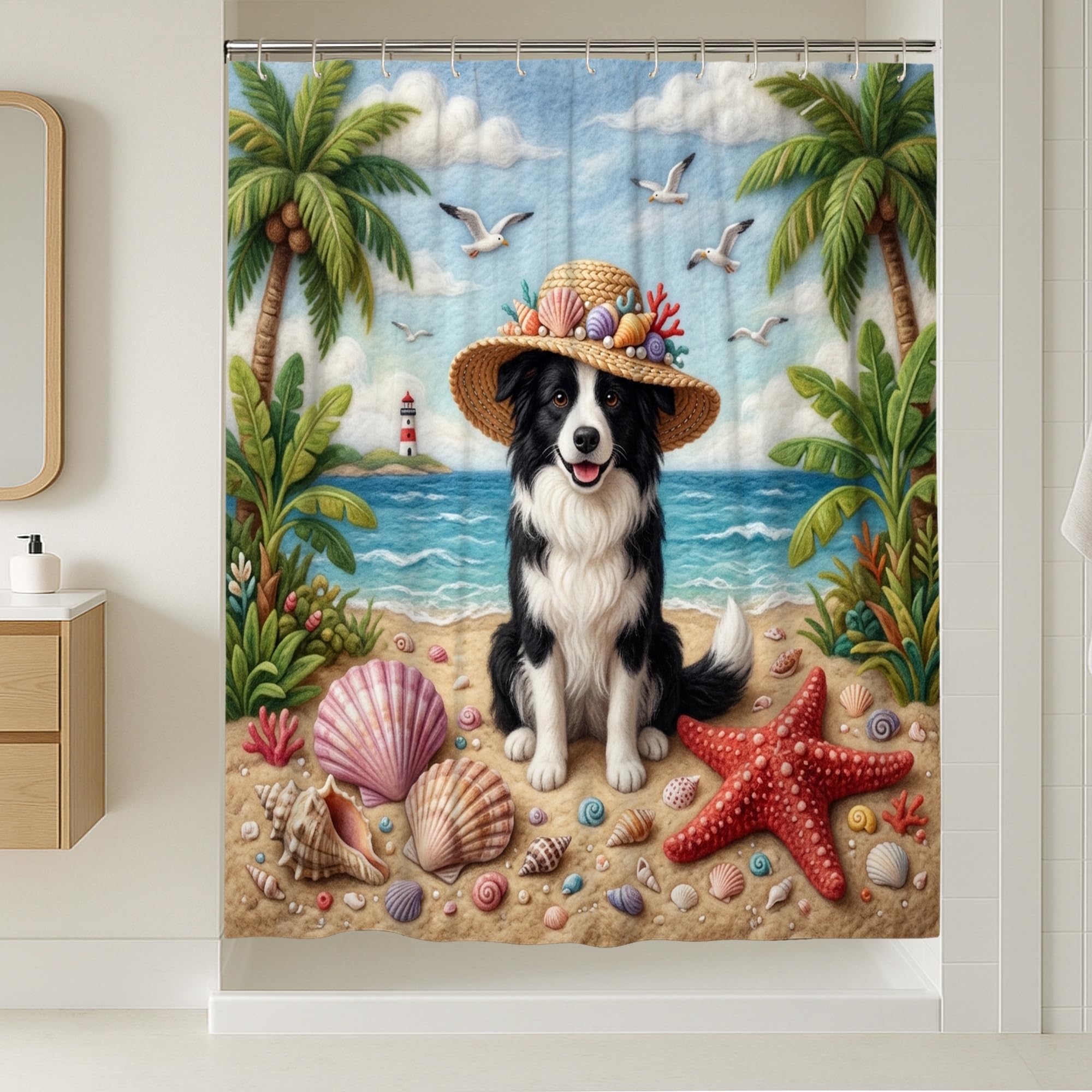 Summer Border Collie Hunde-Duschvorhang-Set, Palmküste, Welpe, Strand-Duschvorhang, tropisches Badezimmerzubehör, bedrucktes Muster, dekorativ, 137 x 198 cm