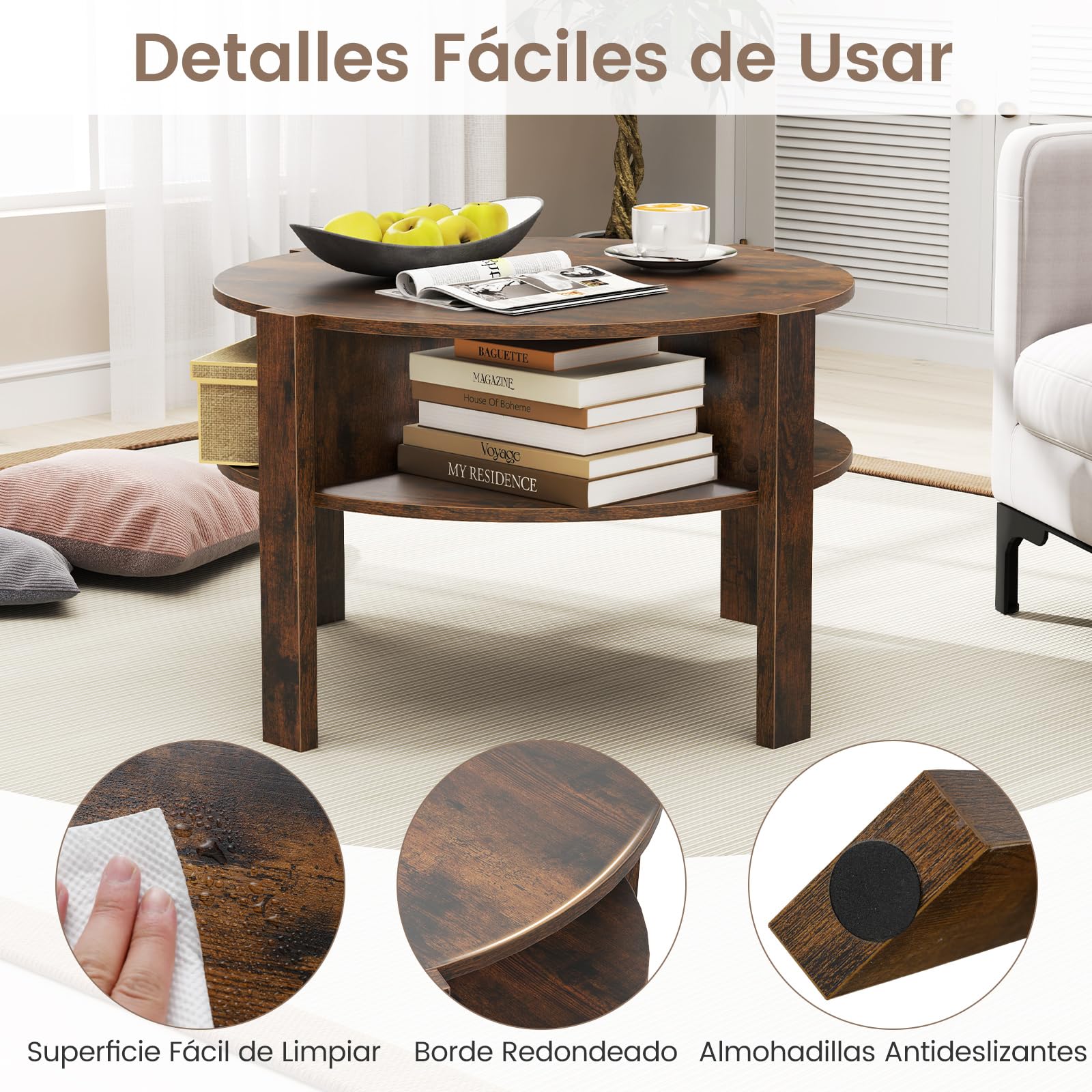 COSTWAY Mesa de Centro Redonda, Mesita Auxiliar Redonda de 2 Niveles, Encimera Amplia, 4 Compartimientos Inferiores y Patas Elevadas, Mesa de Café para Salon Dormitorio, 74,5x74,5x45,5 cm (Café)