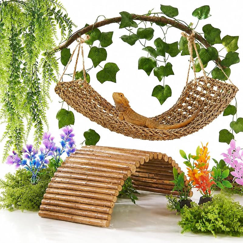Kit de Decoração para Terrário com Plantas Artificiais, Ponte, Rede, Cipós e Tapete TankMatDecor CK-11 com 10 Peças